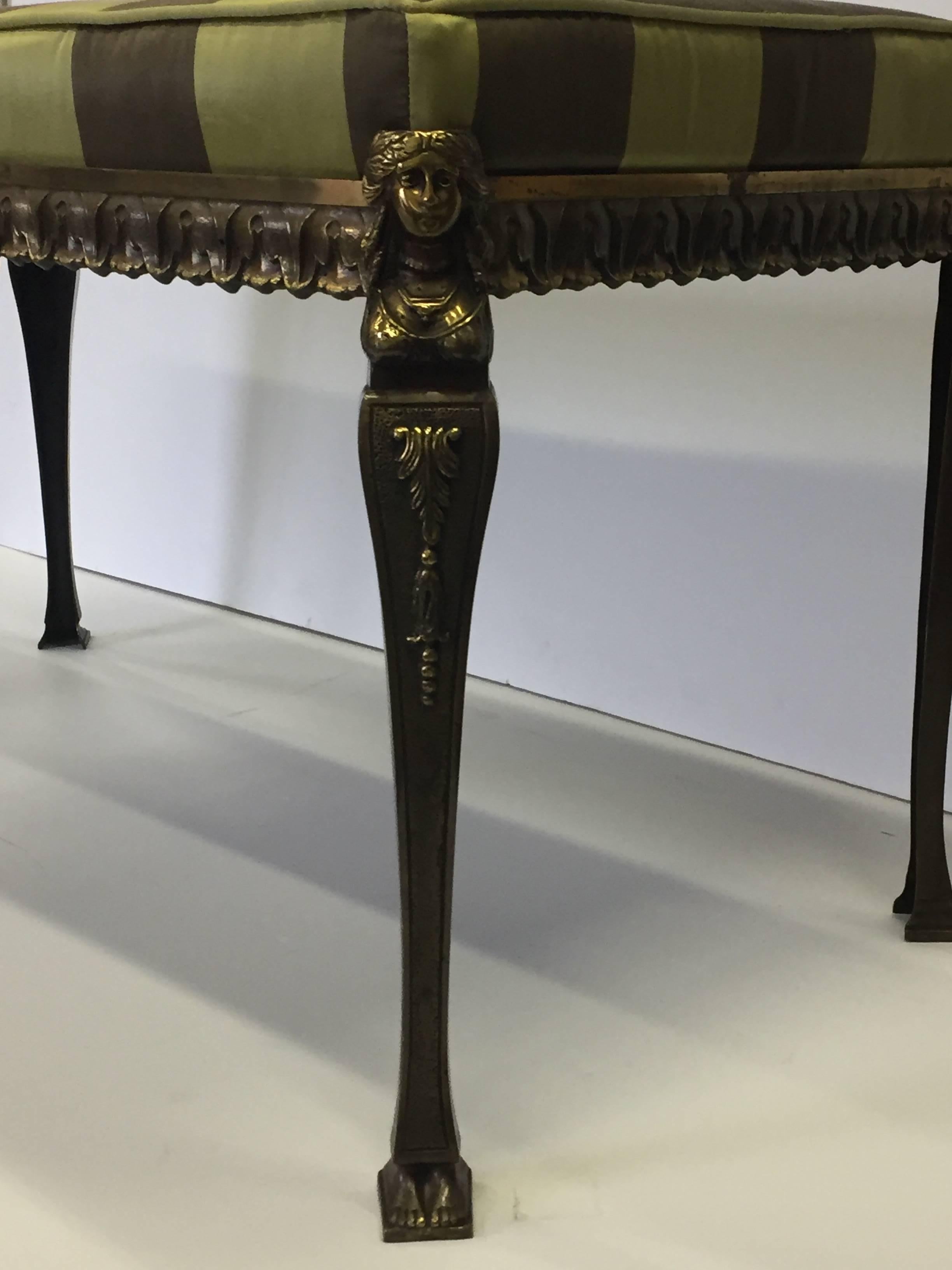 Stunning Neoclassical Style Bronze Bench with Striped Silk Cushion In Excellent Condition In Hopewell, NJ