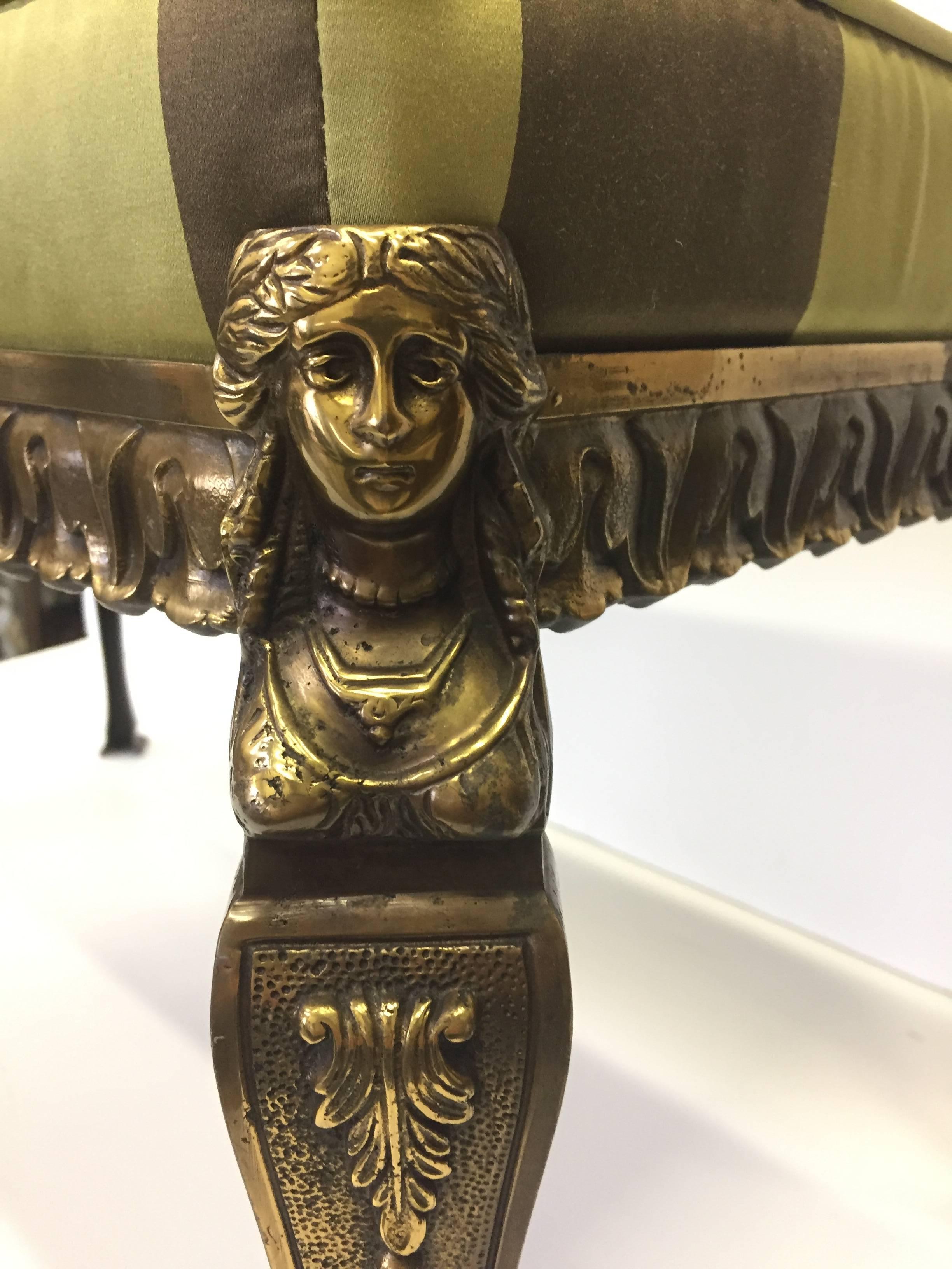 Late 20th Century Stunning Neoclassical Style Bronze Bench with Striped Silk Cushion