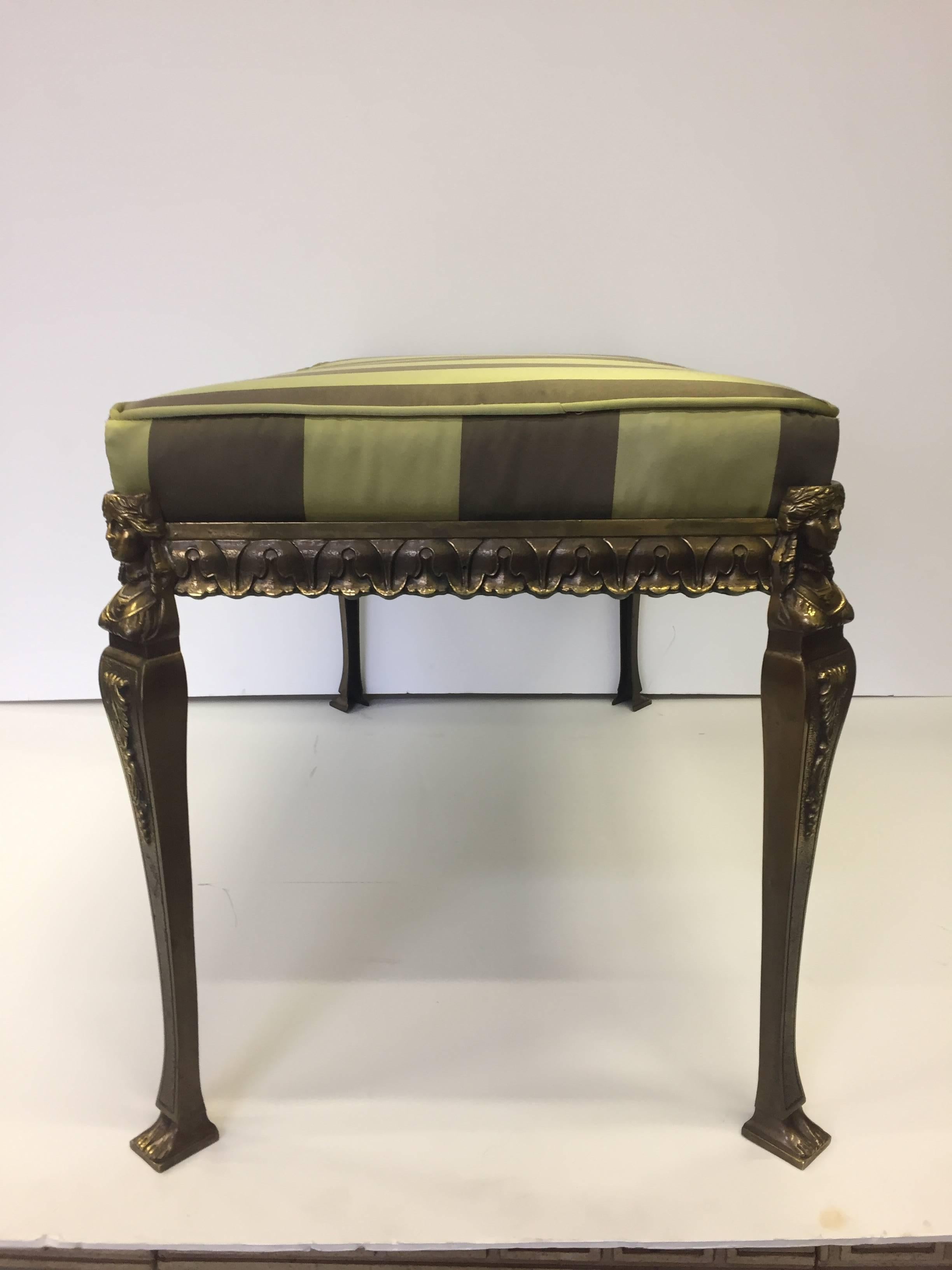 Italian Stunning Neoclassical Style Bronze Bench with Striped Silk Cushion
