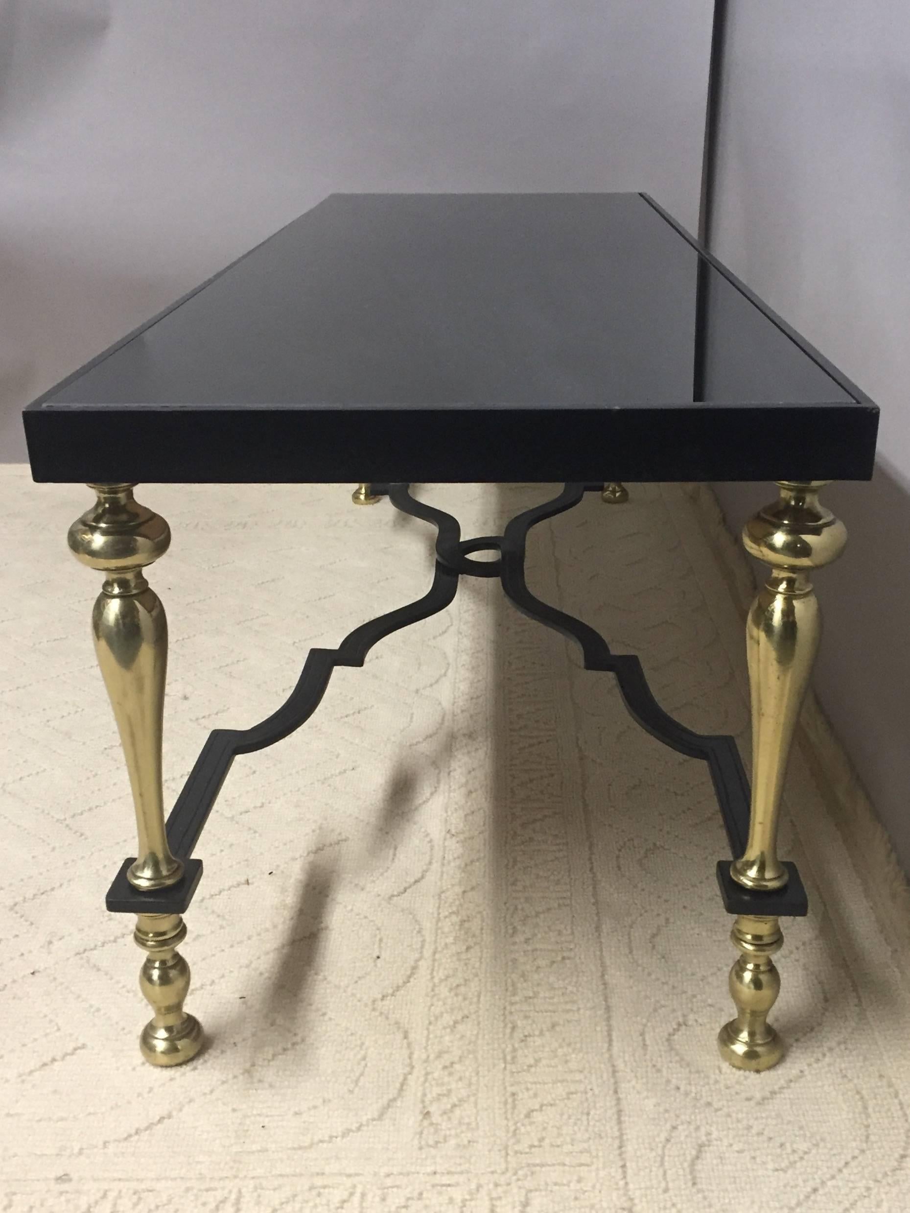Neoclassical Sleek Brass, Wrought Iron and Mirrored Coffee Table