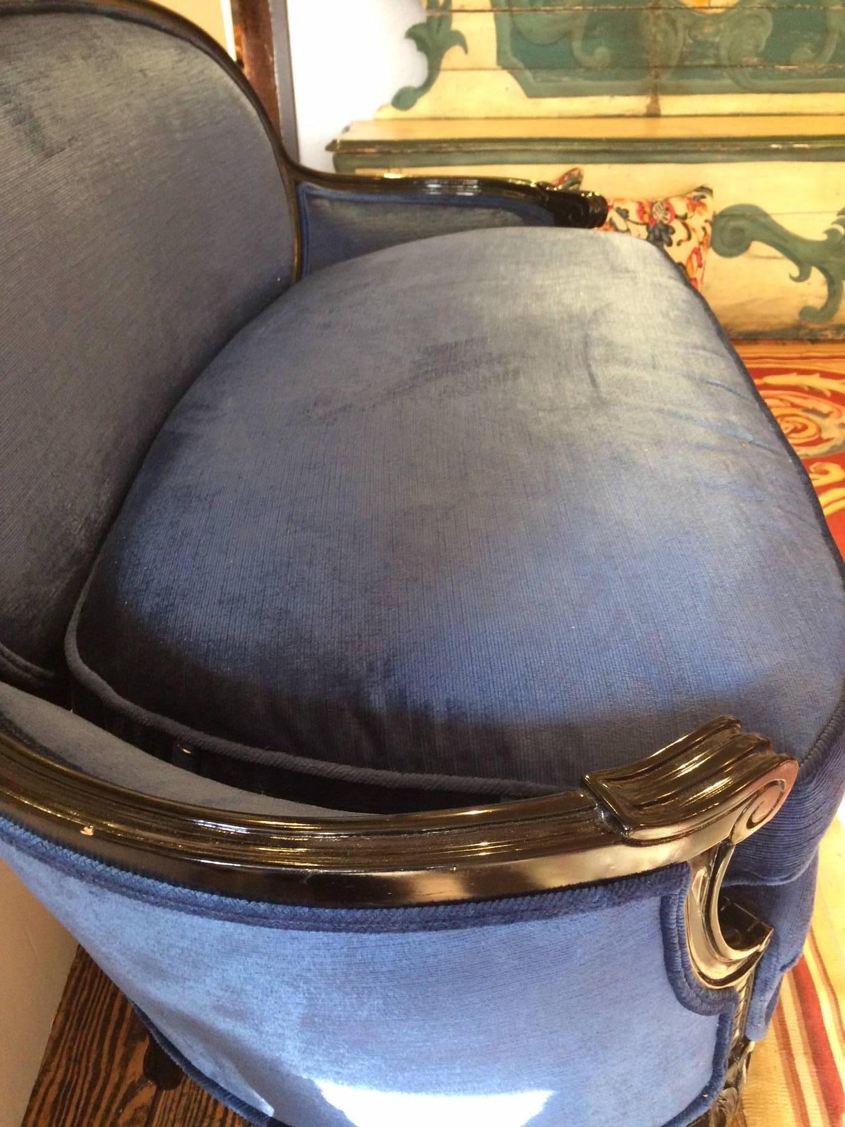 Royal Blue Velvet and Black Laquered French Loveseat In Excellent Condition In Hopewell, NJ