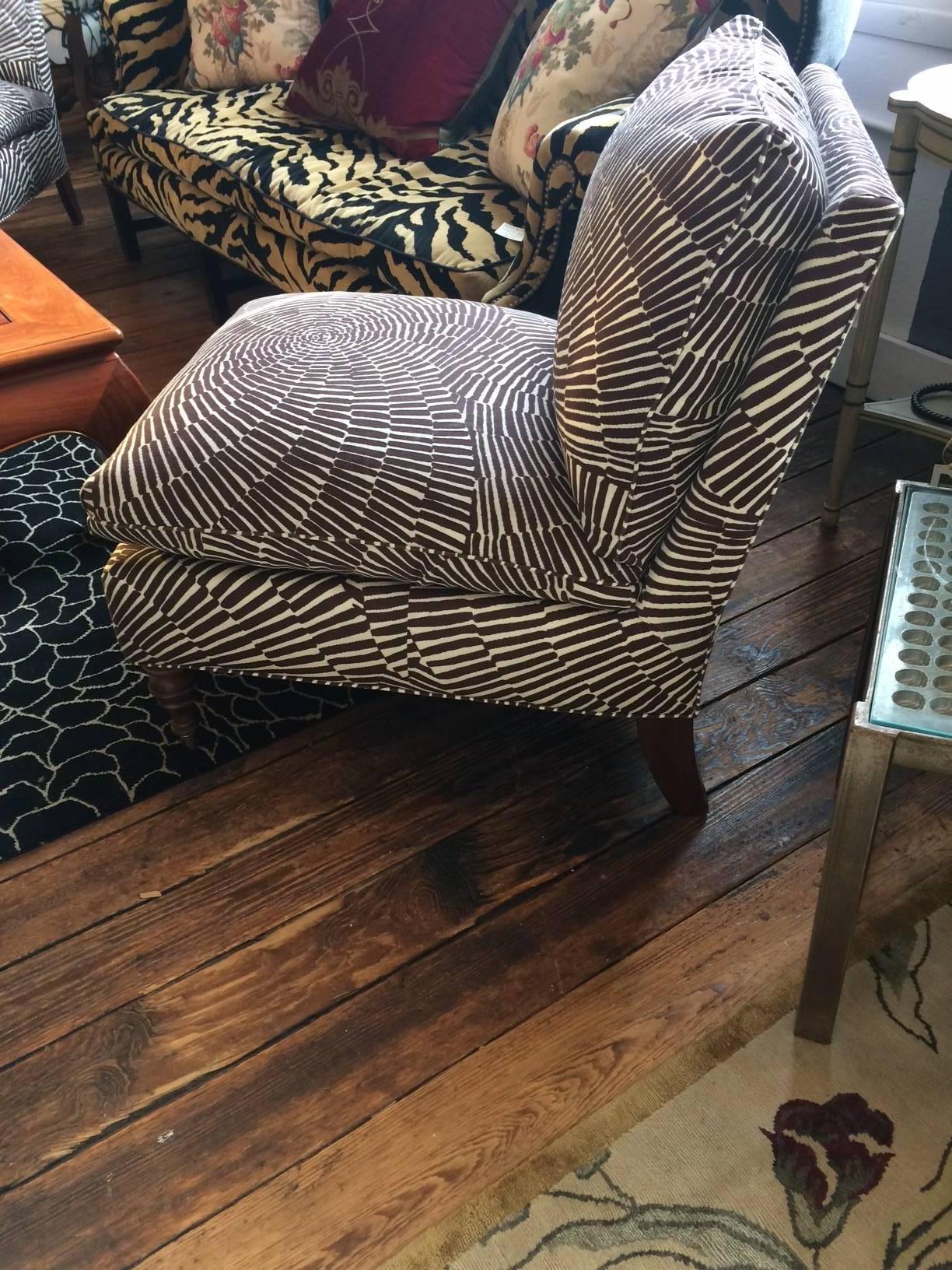 American Stunning Pair of Brown and White Patterned Slipper Chairs
