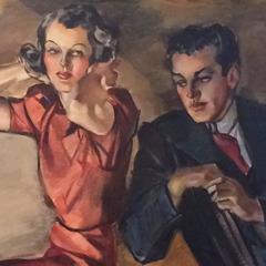 Moody Illustration Style Painting of Couple in Boudoir