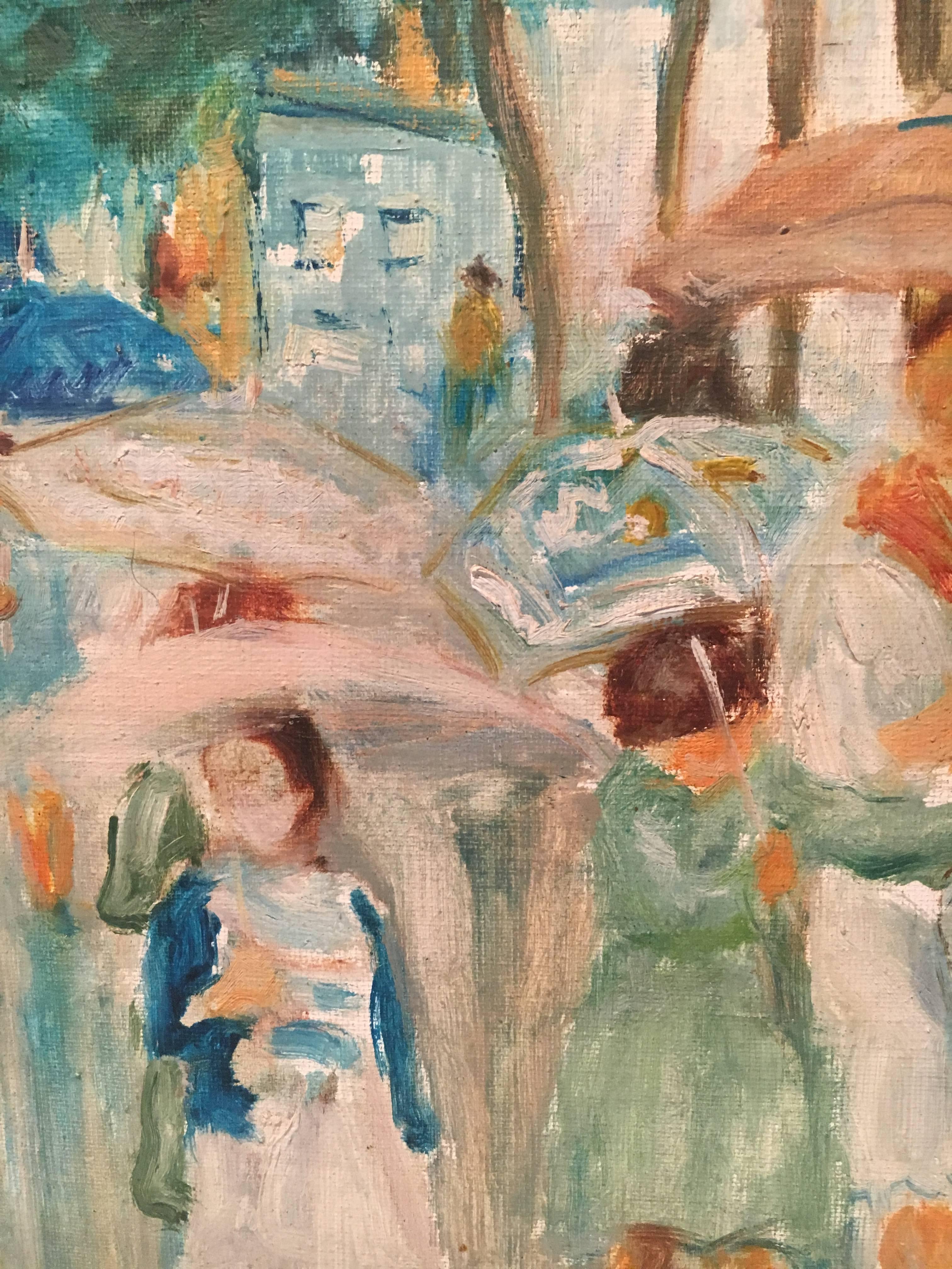 Spanish Charming Impressionist Painting of Women and Children in the Rain