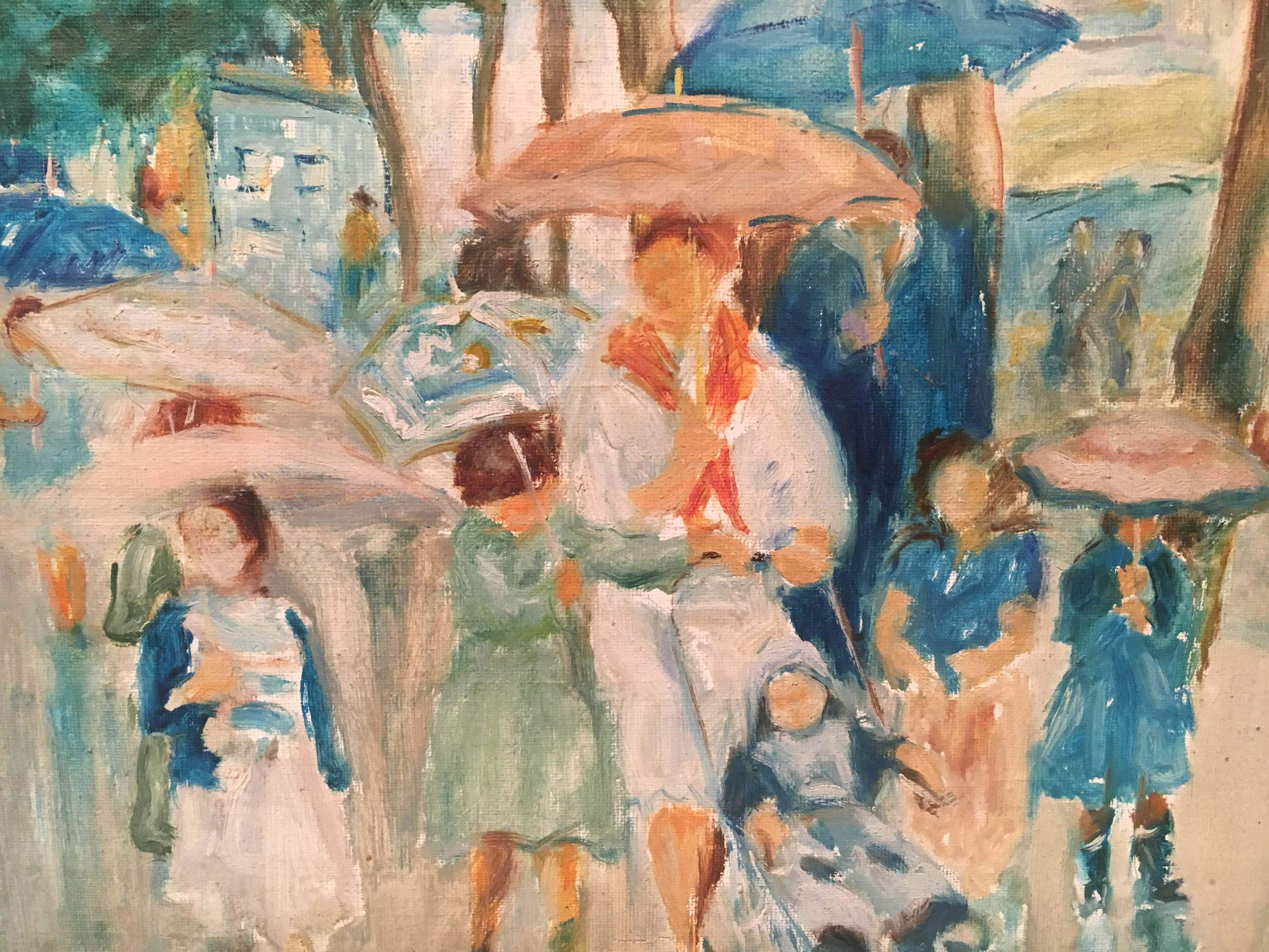 Charming impressionist oil on board of a woman and children in the rain. Lovely use of subtle colors and painterly technique, signed 
