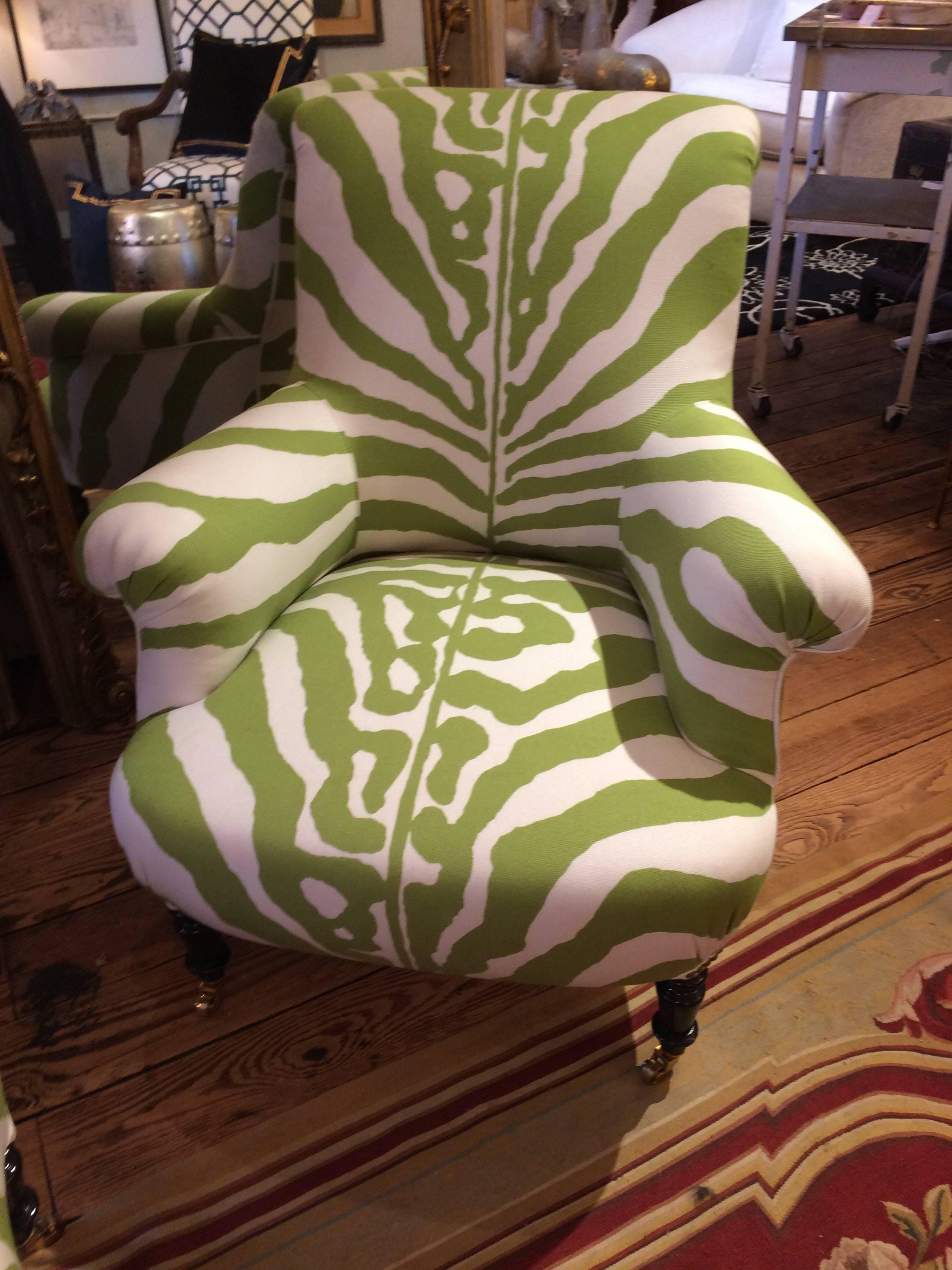 Adorable vintage club chair in a compact apartment size newly updated and recovered in a fun granny smith apple green and white faux zebra Scalamandre fabric. 