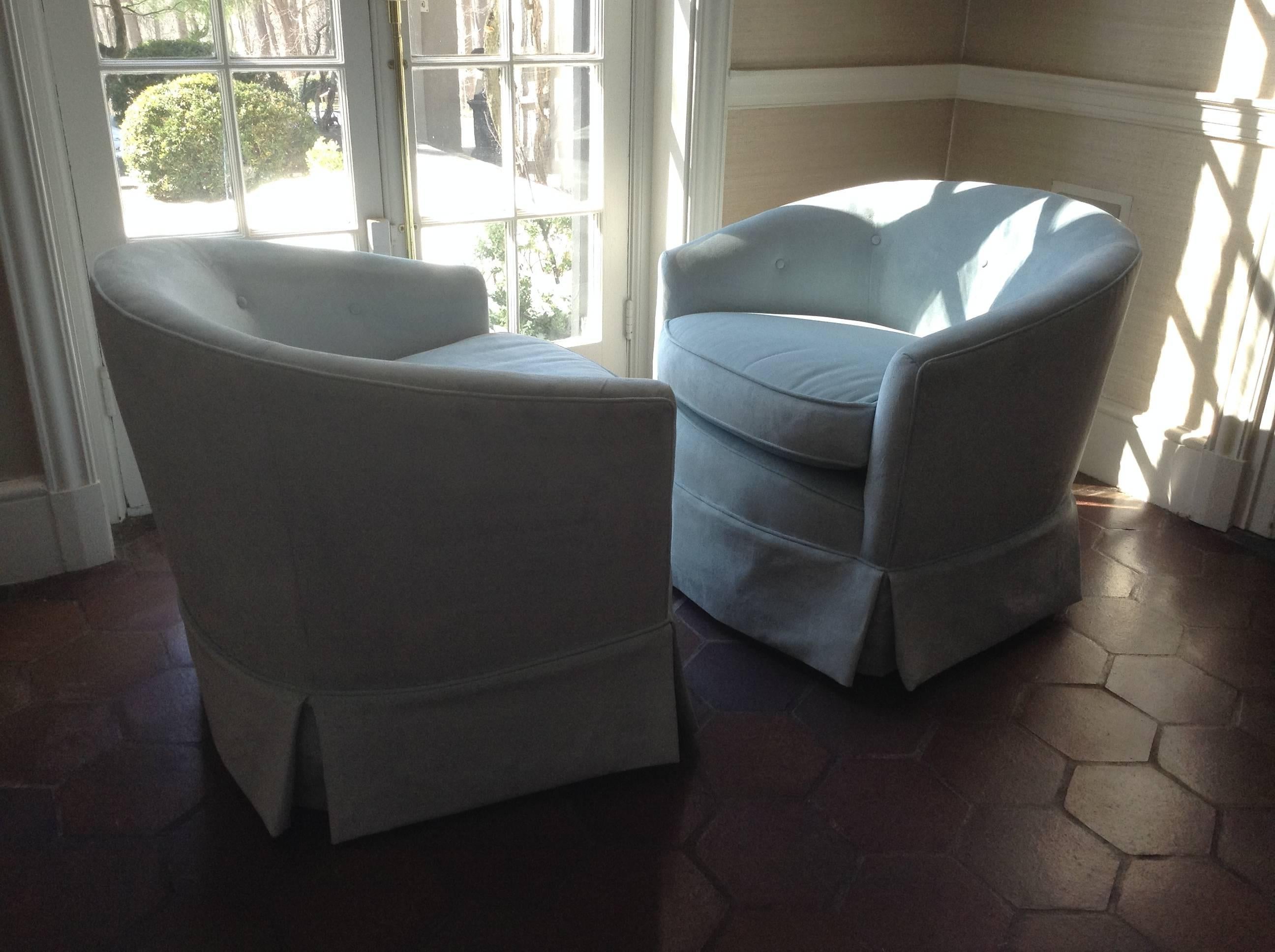 Pair of Sexy Pale Blue Silk Velvet Swivel Club Chairs 2