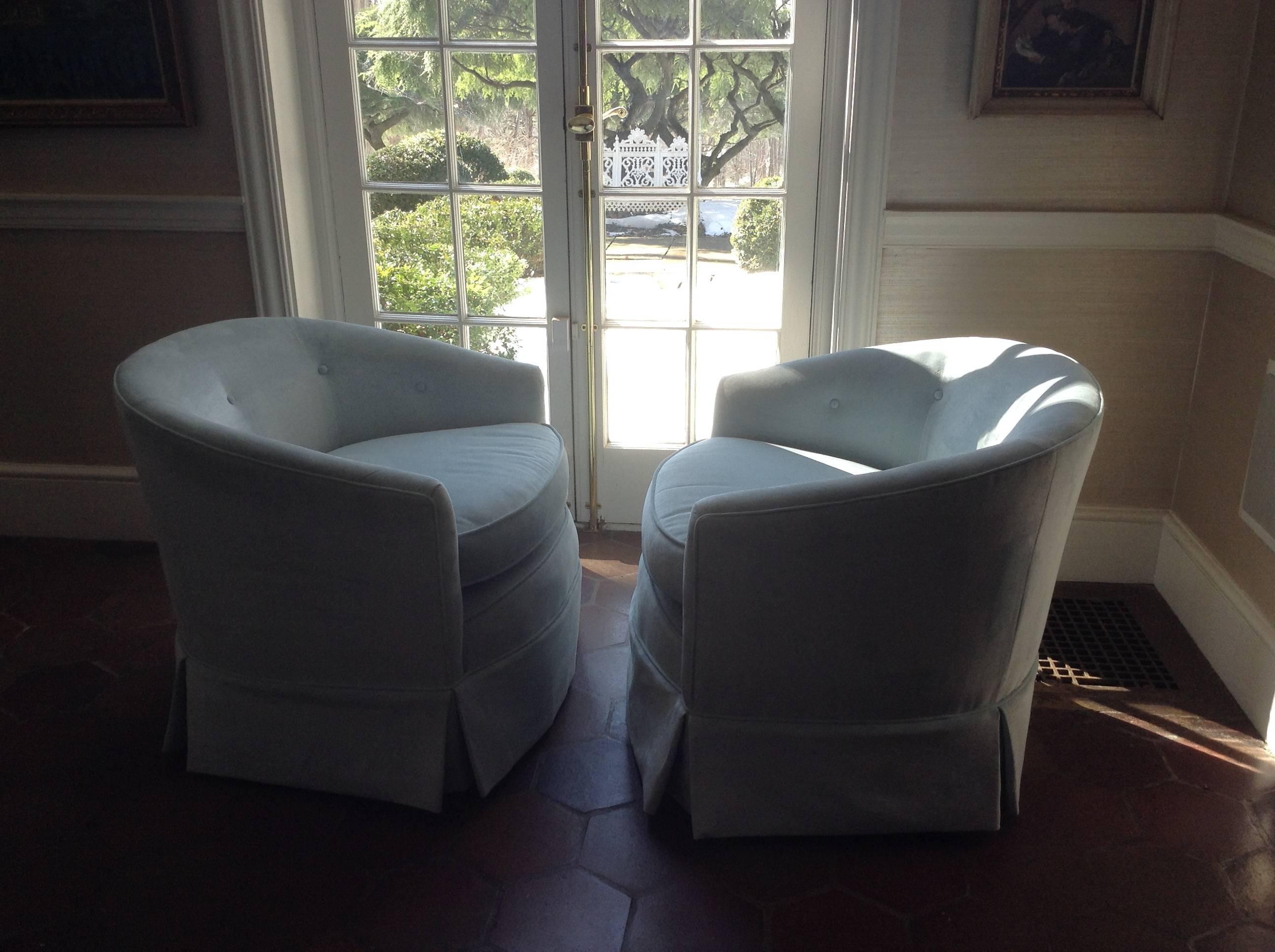 Pair of Sexy Pale Blue Silk Velvet Swivel Club Chairs 1