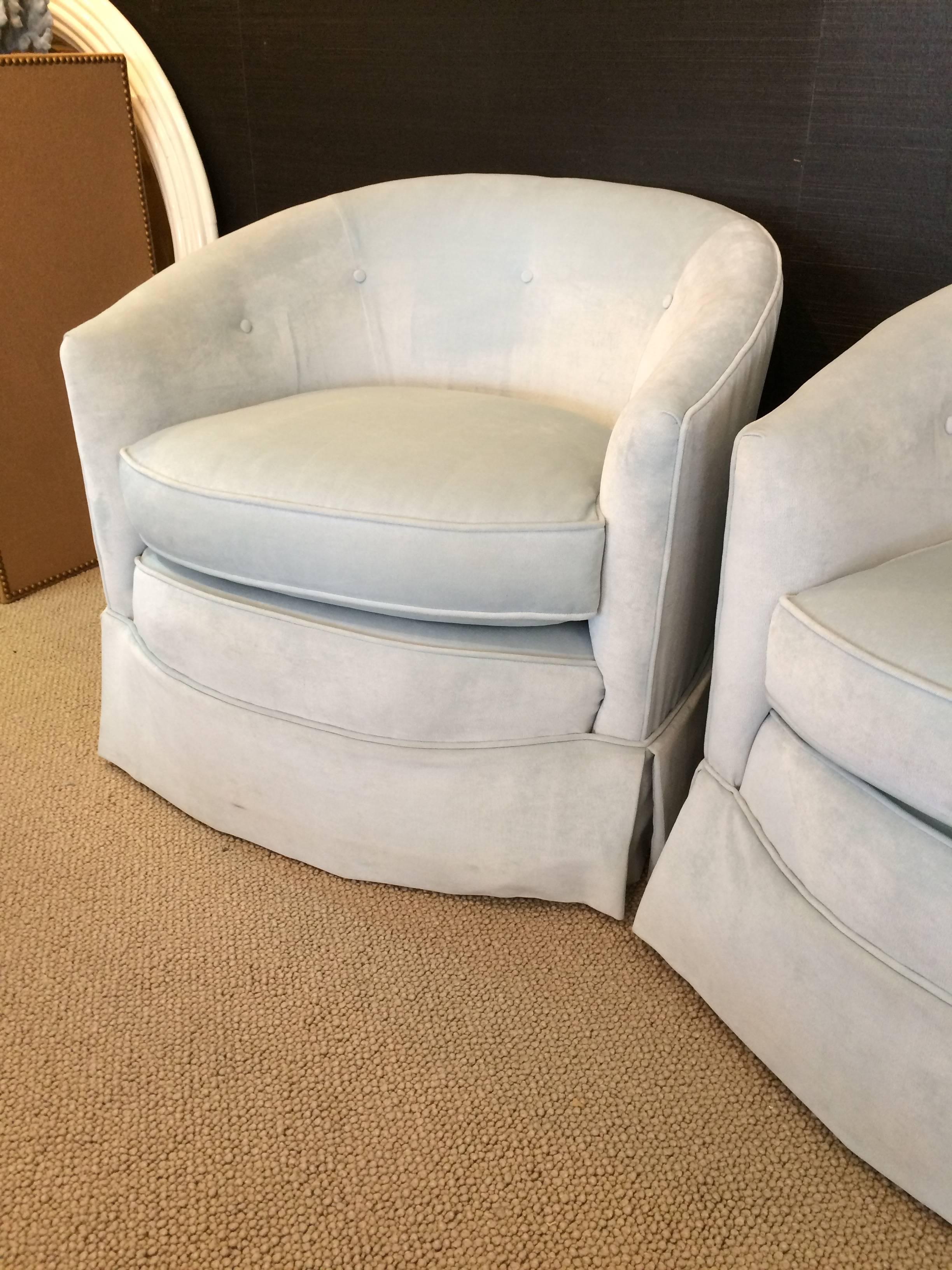 Mid-Century Modern Pair of Sexy Pale Blue Silk Velvet Swivel Club Chairs