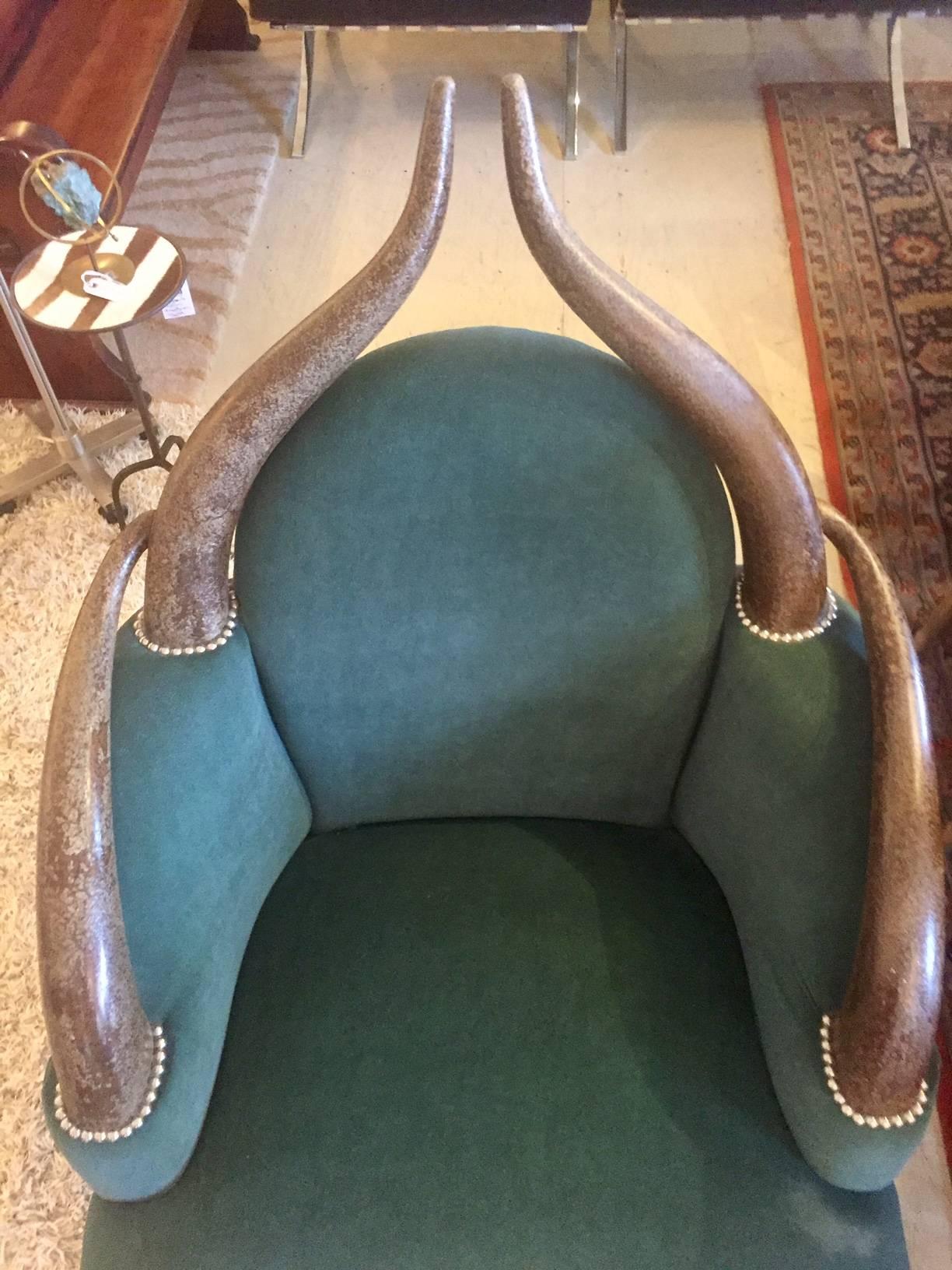 Striking Faux Horn Armchair with Teal Velvet Upholstery 3