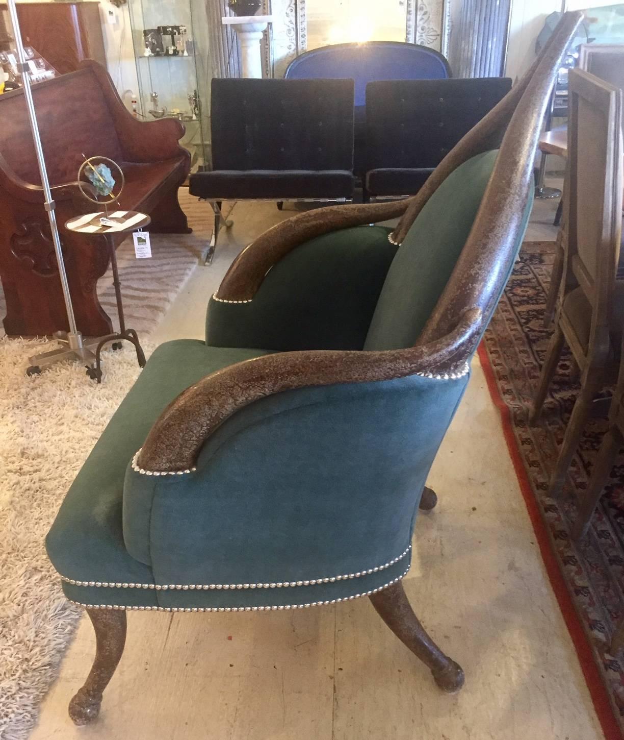 American Striking Faux Horn Armchair with Teal Velvet Upholstery