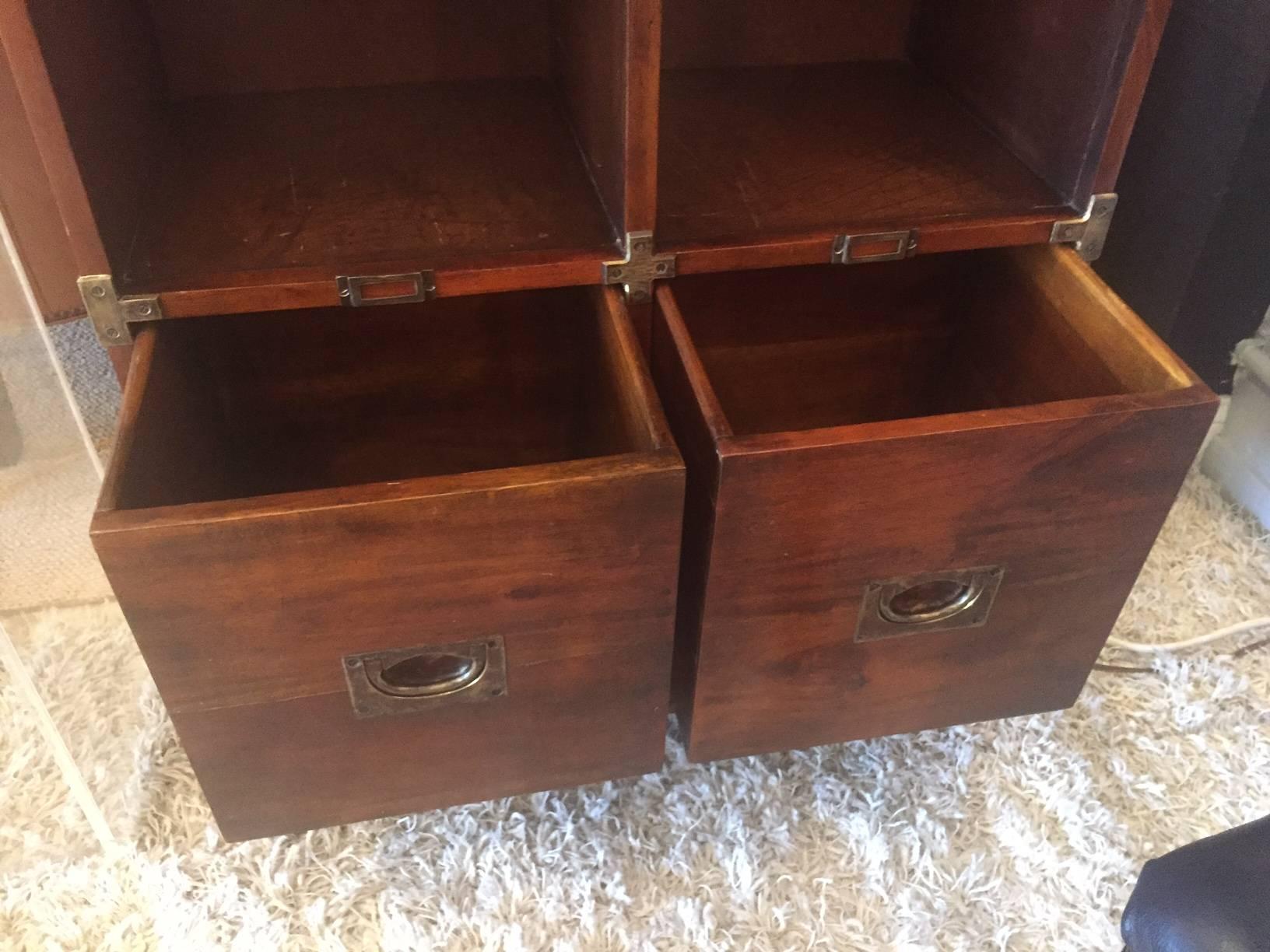 Pair of Theodore Alexander Campaign Style Leather Wrapped Bookshelves In Excellent Condition In Hopewell, NJ