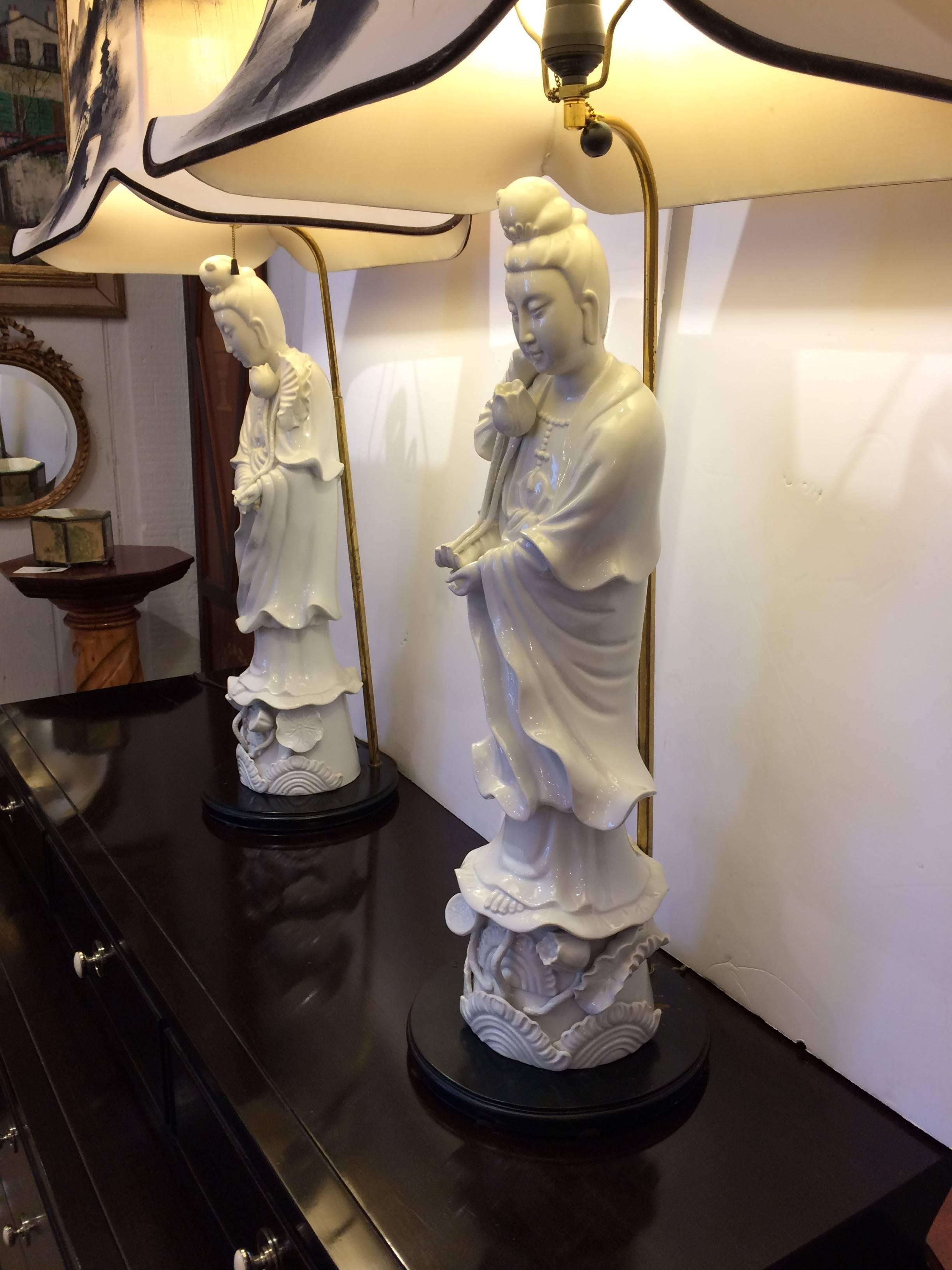 Porcelain Pair of Magnificent Kwan Yin Figural Blanc De Chine Lamps