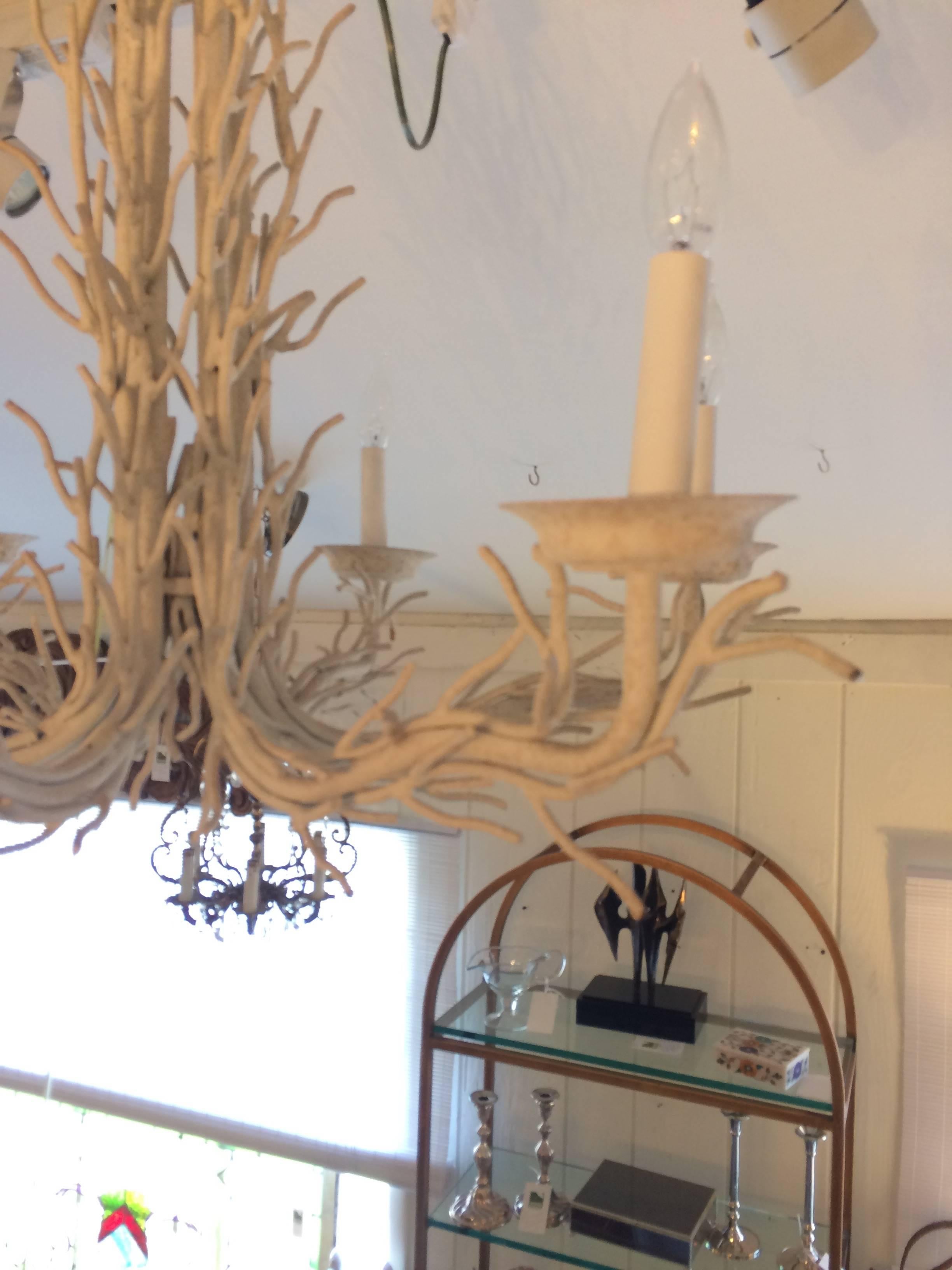 Stunning Sculptural White Iron & Tole Coral Branch Chandelier In Excellent Condition In Hopewell, NJ