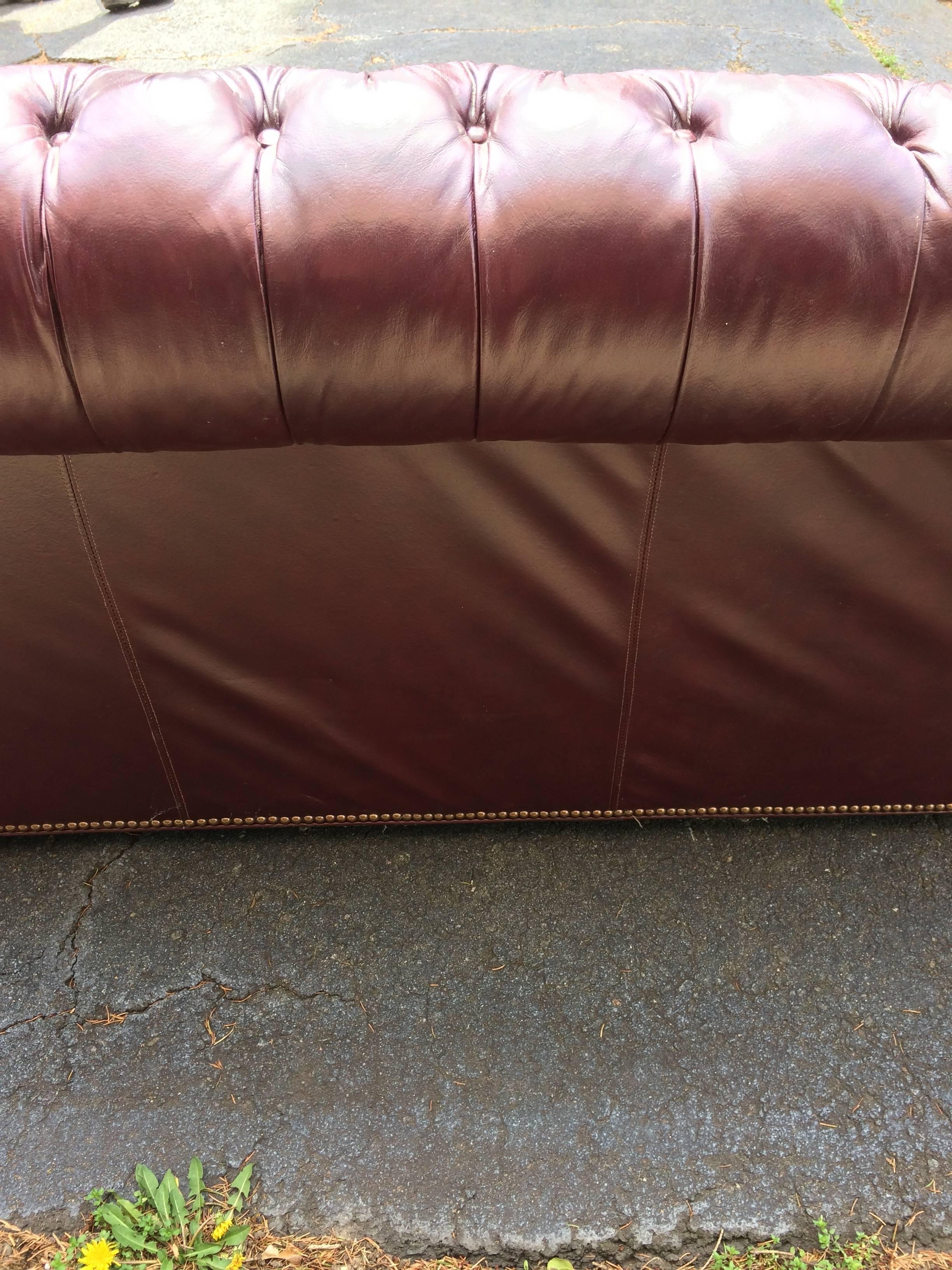 Rich Eggplant Leather Vintage Tufted Chesterfield Sofa In Good Condition In Hopewell, NJ