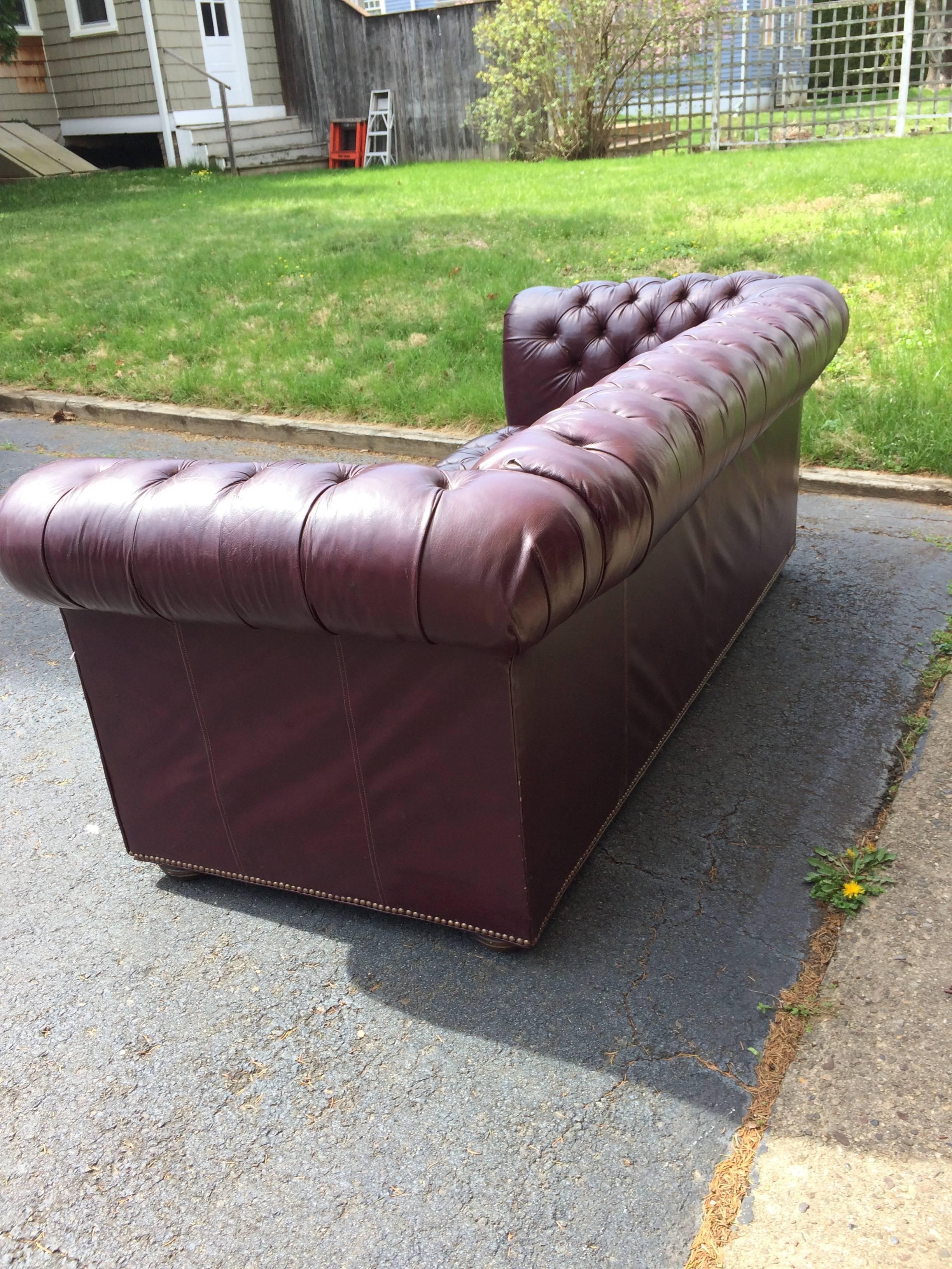 American Rich Eggplant Leather Vintage Tufted Chesterfield Sofa