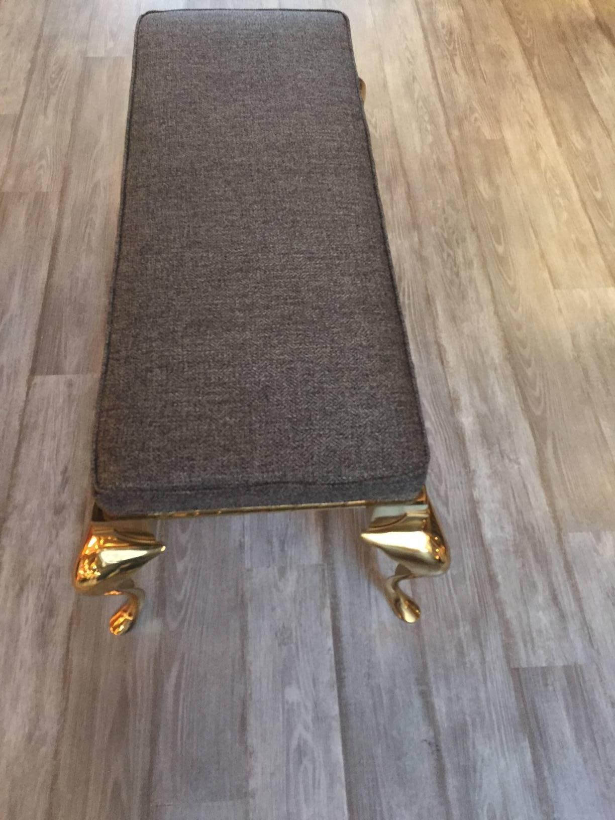 American Stunning Solid Brass Bench with Handsome Grey Upholstered Cushion