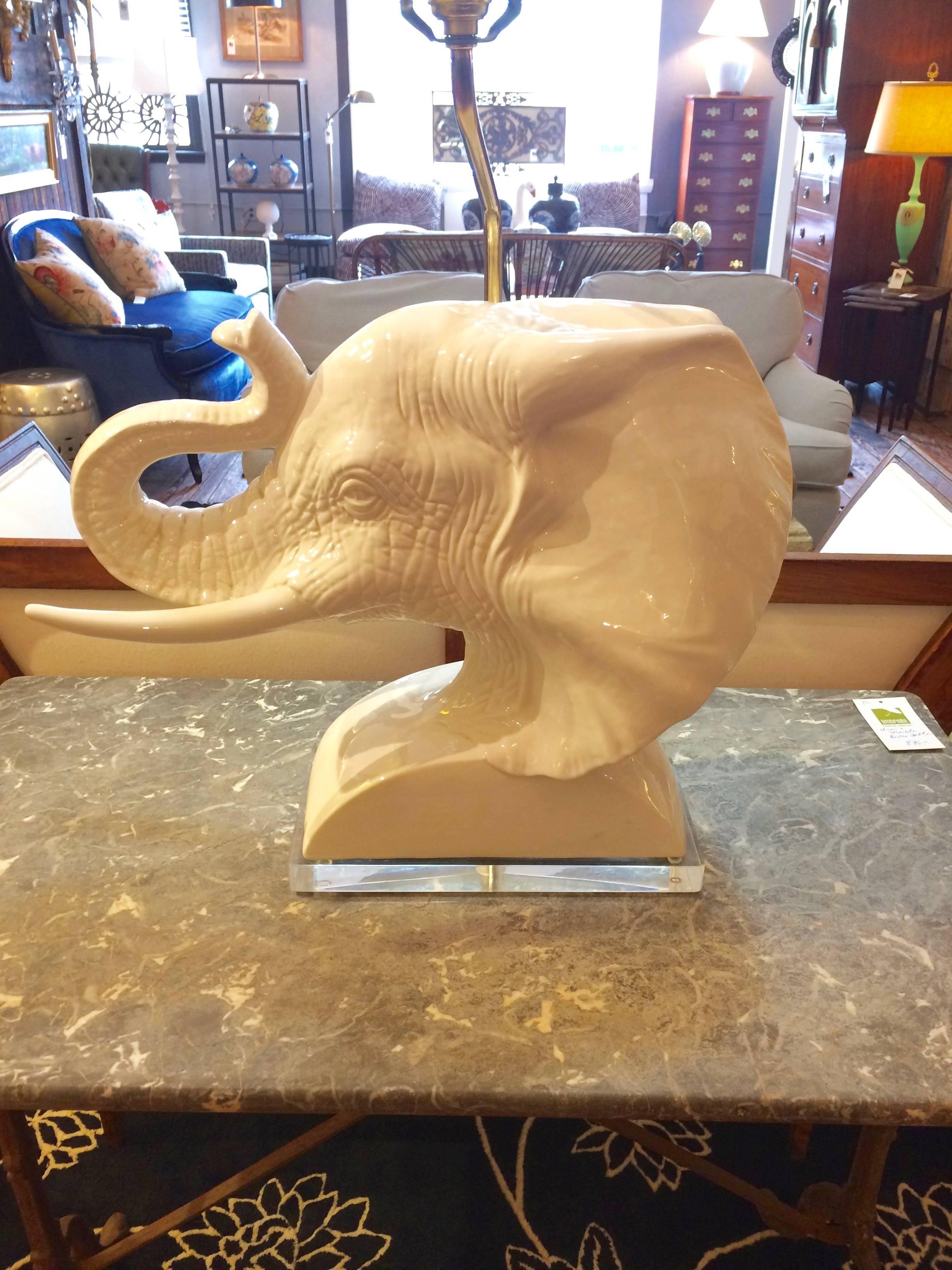 Pair of Sculptural Mid-Century Modern Ceramic Elephant Bust Table Lamps In Excellent Condition For Sale In Hopewell, NJ