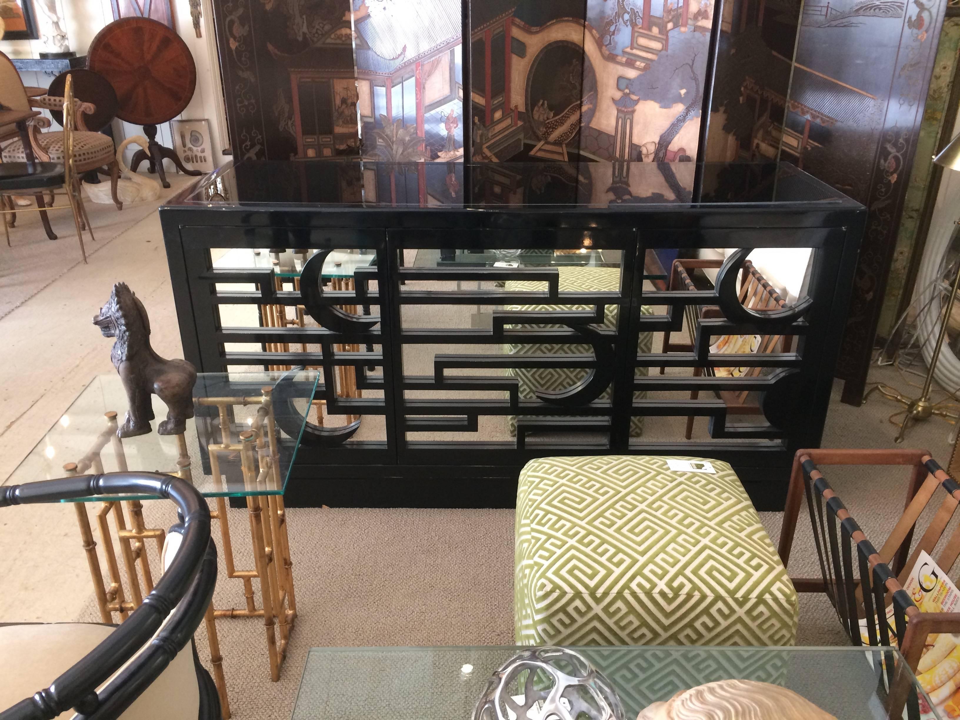 Very Impressive Large Black Lacquer and Mirrored Sideboard Credenza 1