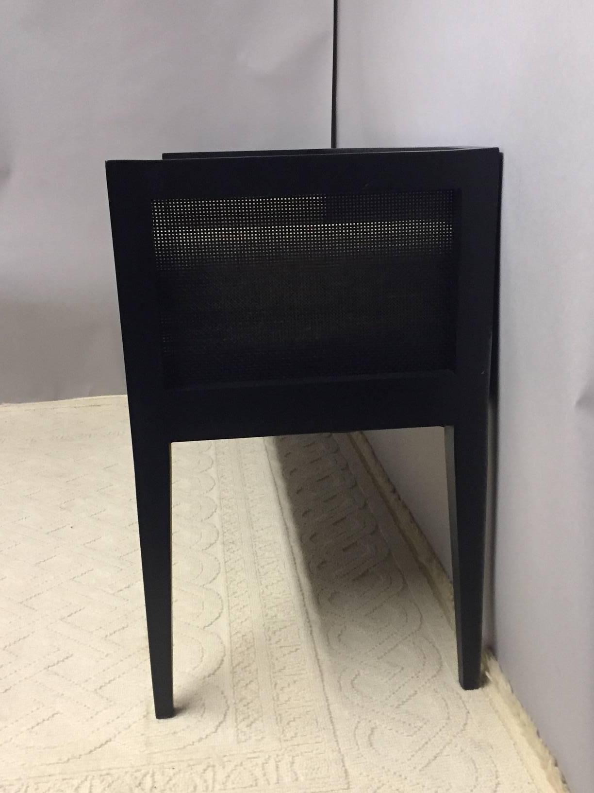 Modern Ebonized and Caned Bench with Linen Cushion