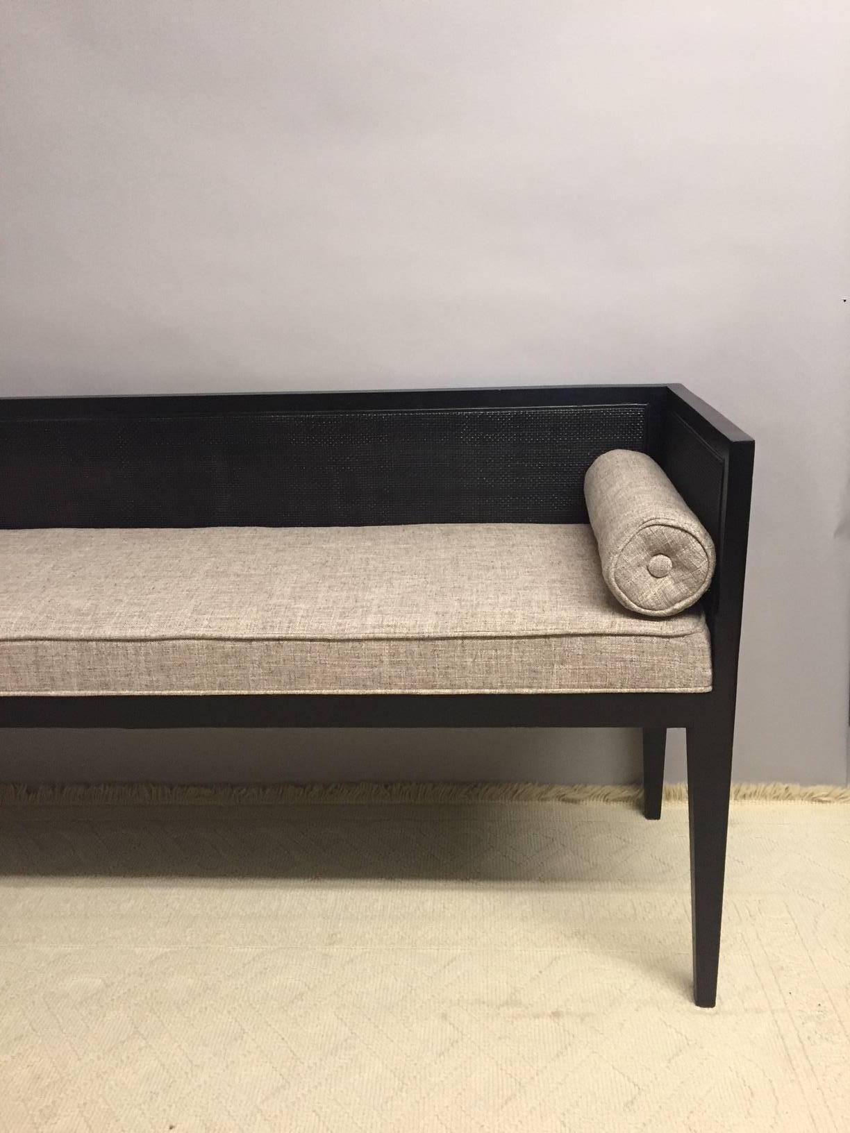 Ebonized and Caned Bench with Linen Cushion In Excellent Condition In Hopewell, NJ