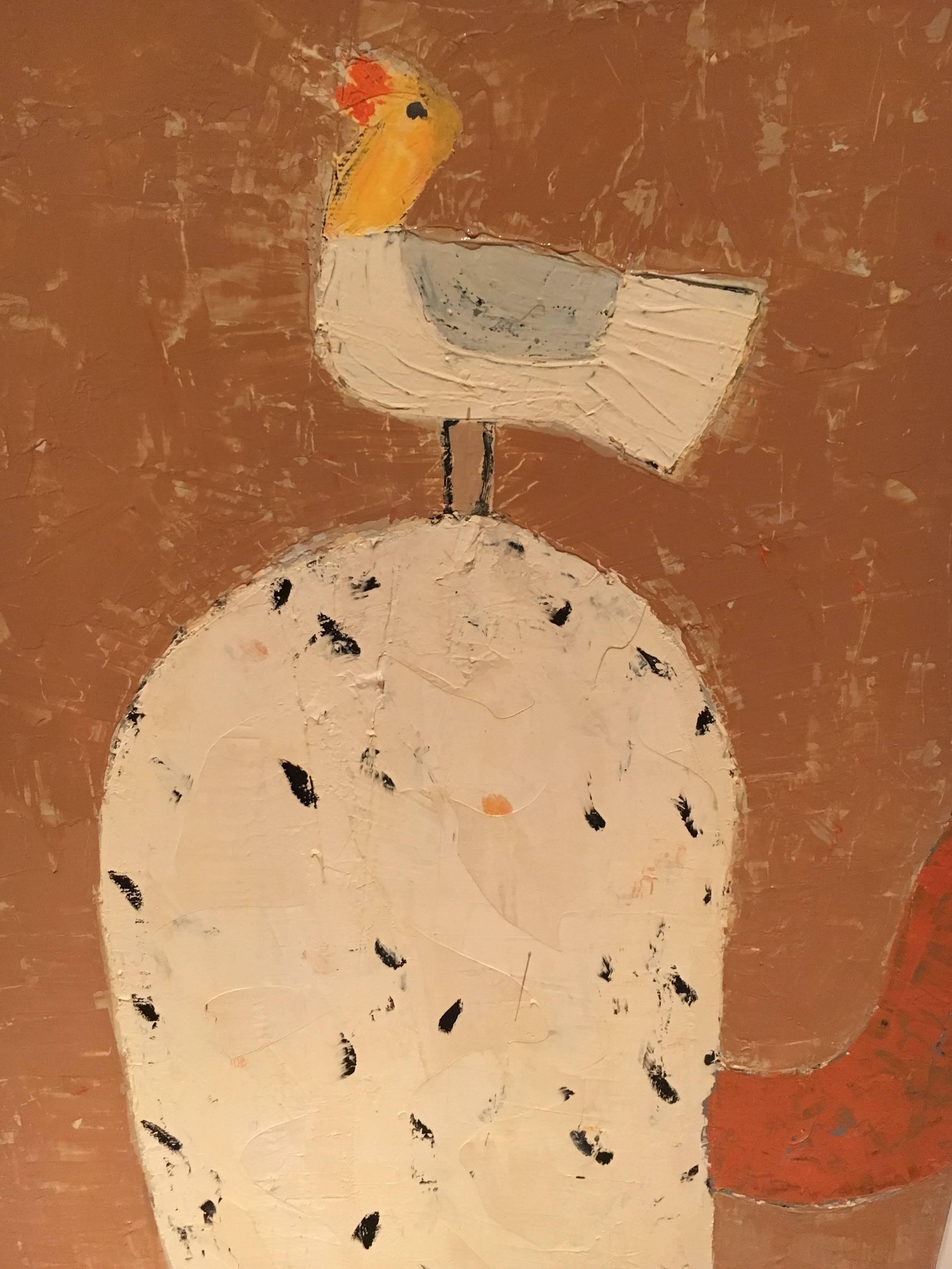 Monumental in size, this whimsical painting of a cuckoo bird and it's baby sitting atop cacti is by internationally listed artist L. Fiume (Italy, b. 1953-). Framed in white wood frame and signed lower left. Italy, excellent, 1990.
  