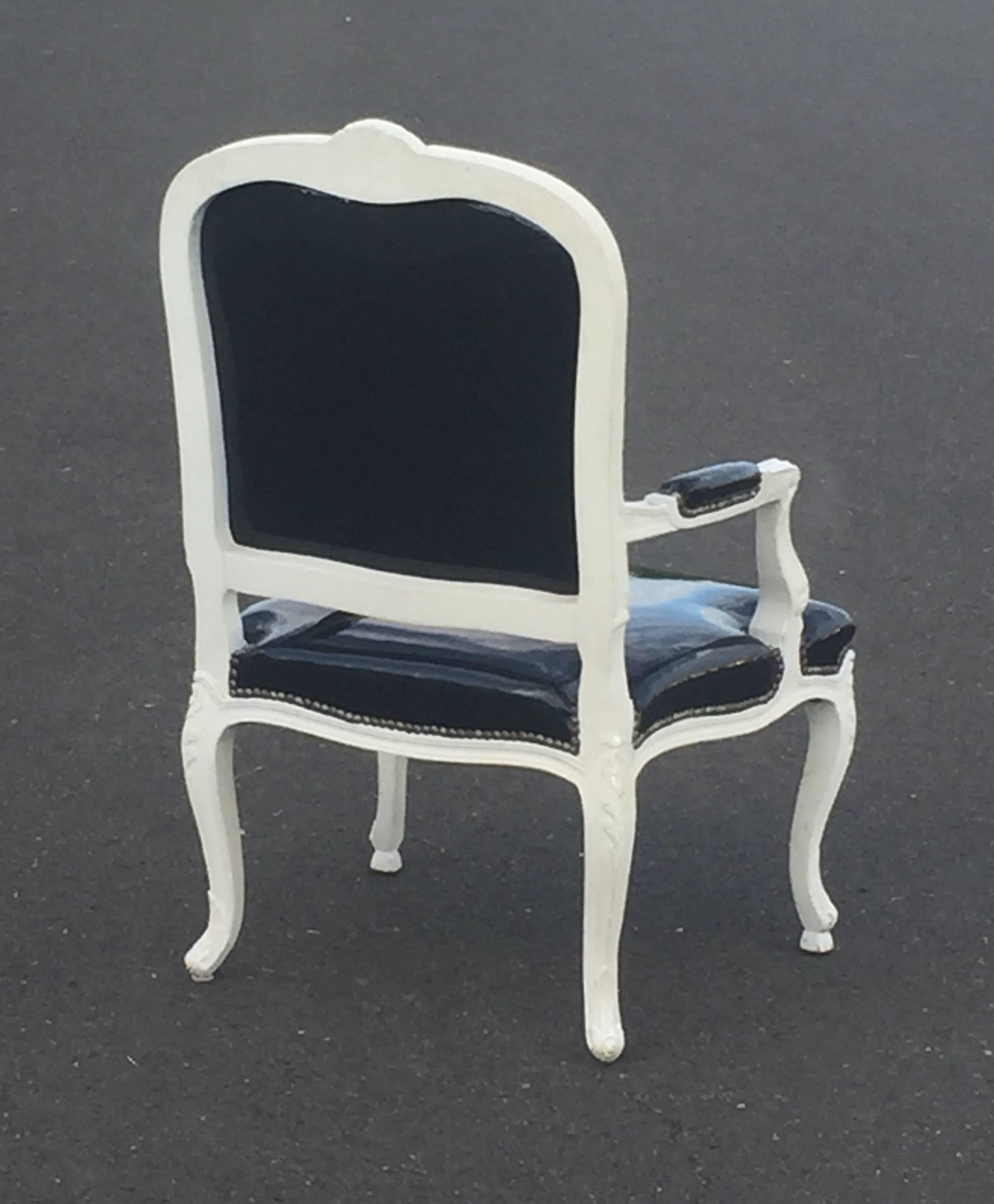 Sassy French Style Arm Chair with Painted Wood Frame and Black Patent Leather 1