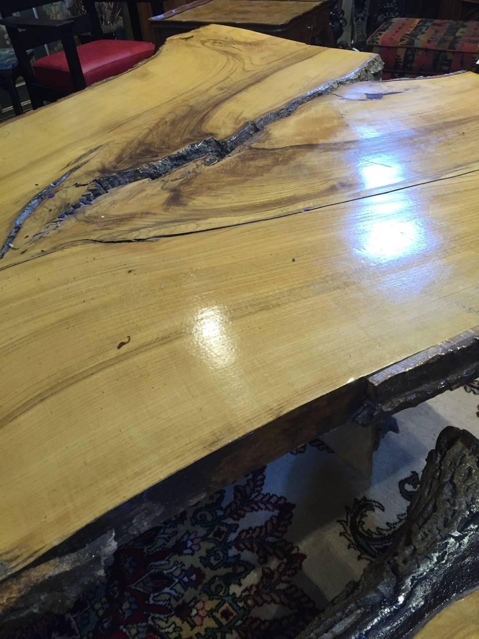 20th Century Handmade Live Edge Dining Table and Matching Benches