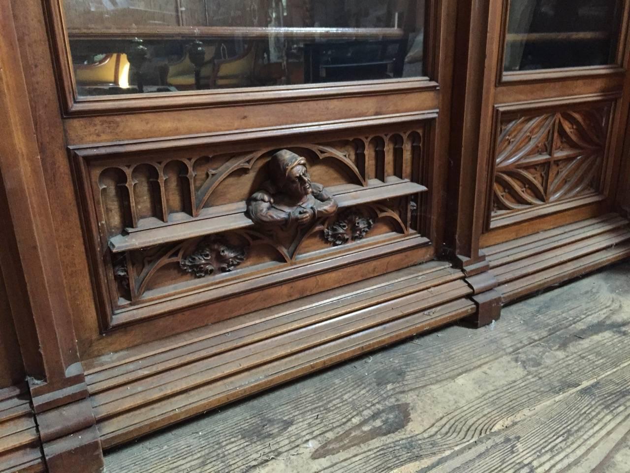Glass Very Impressive Gothic Revival Carved Mahogany Bookcase