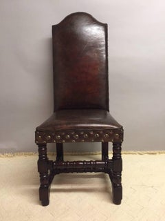 Set of Six Very Handsome Distressed Leather and Walnut Dining Chairs