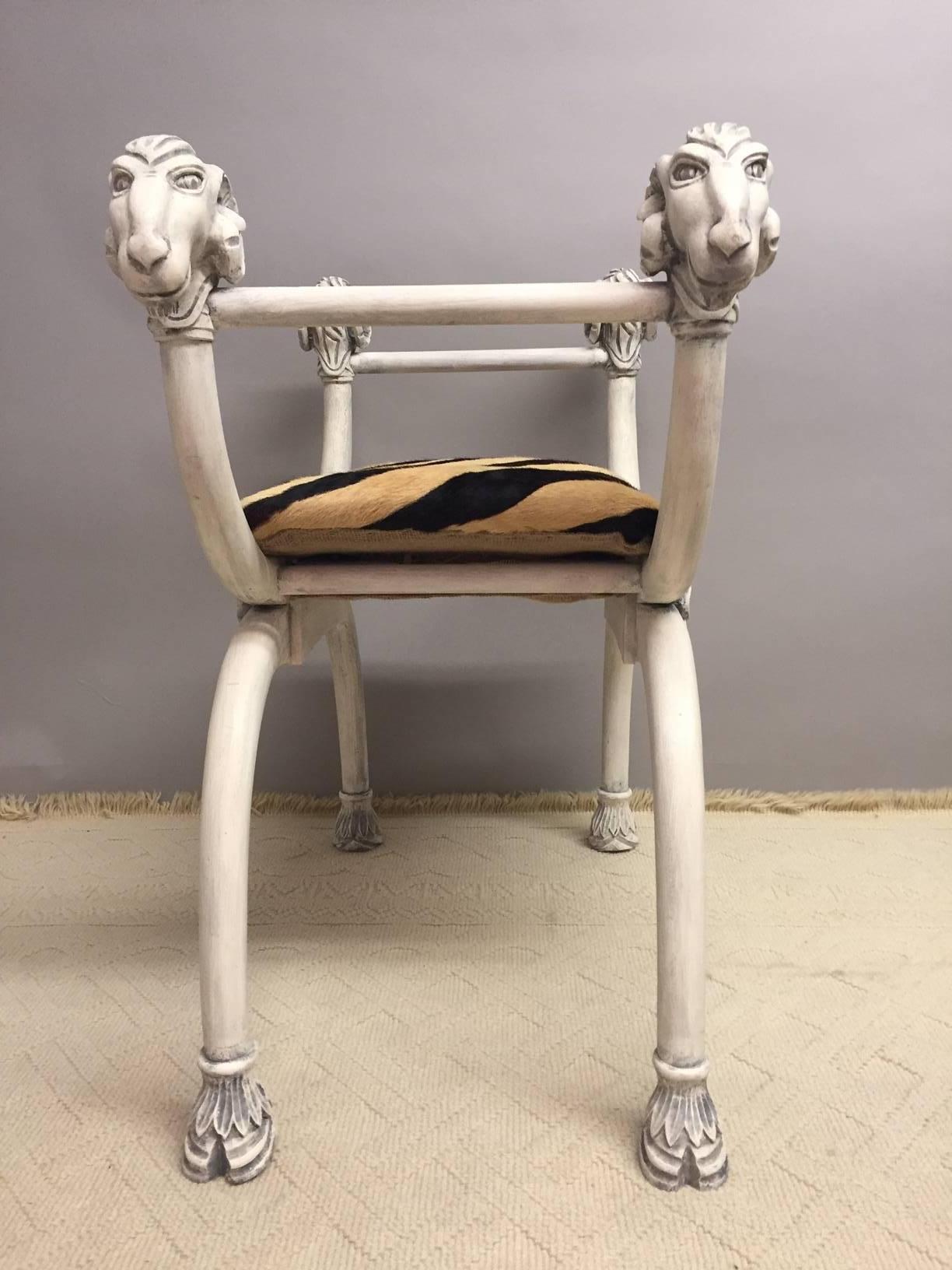 Italian Dramatic Pair of Ram's Head Benches with Printed Cowhide Zebra Motife Seats