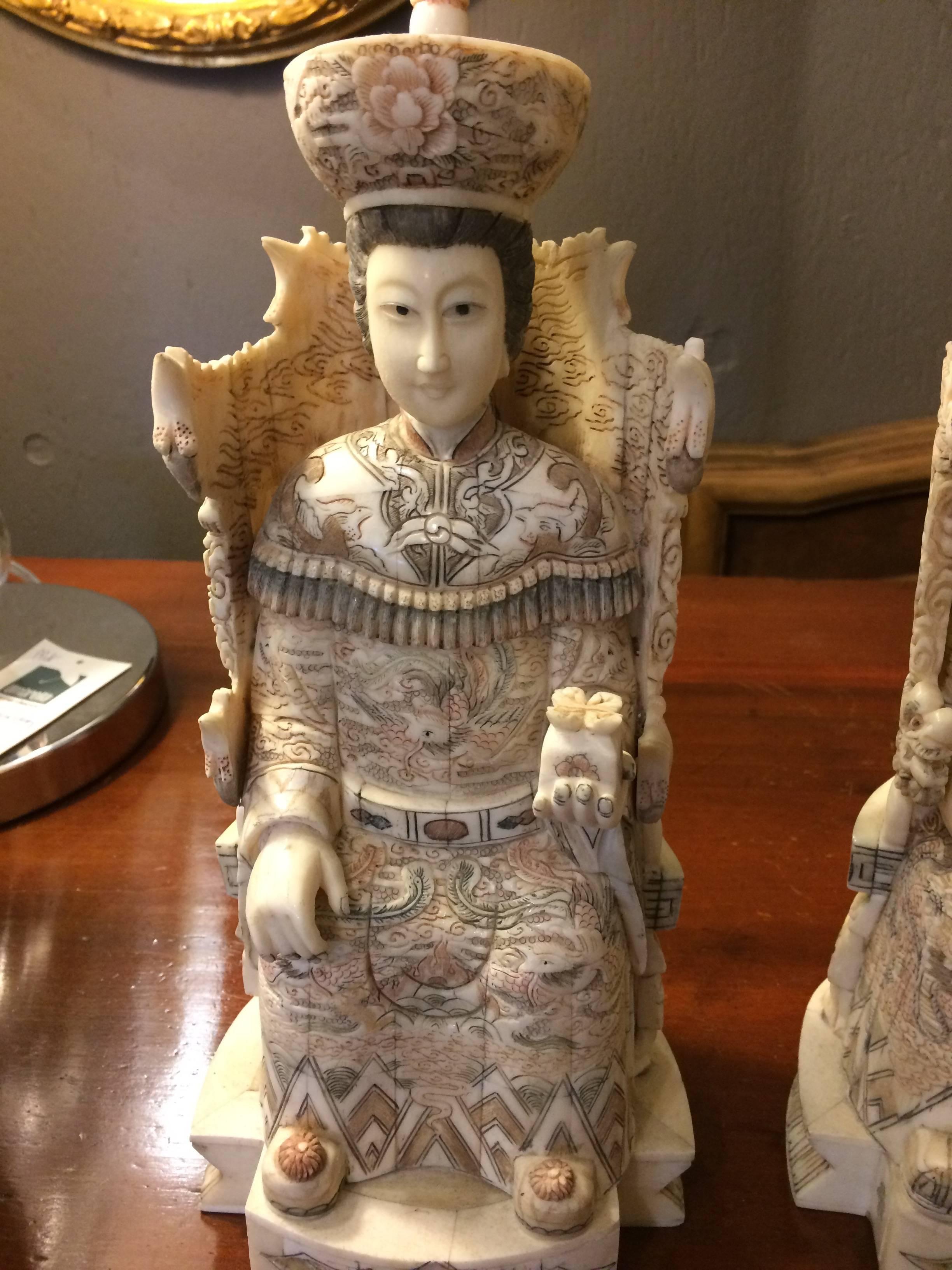 Late 20th Century Intricately Carved Bone Pair of Chinese Ancestral Figures