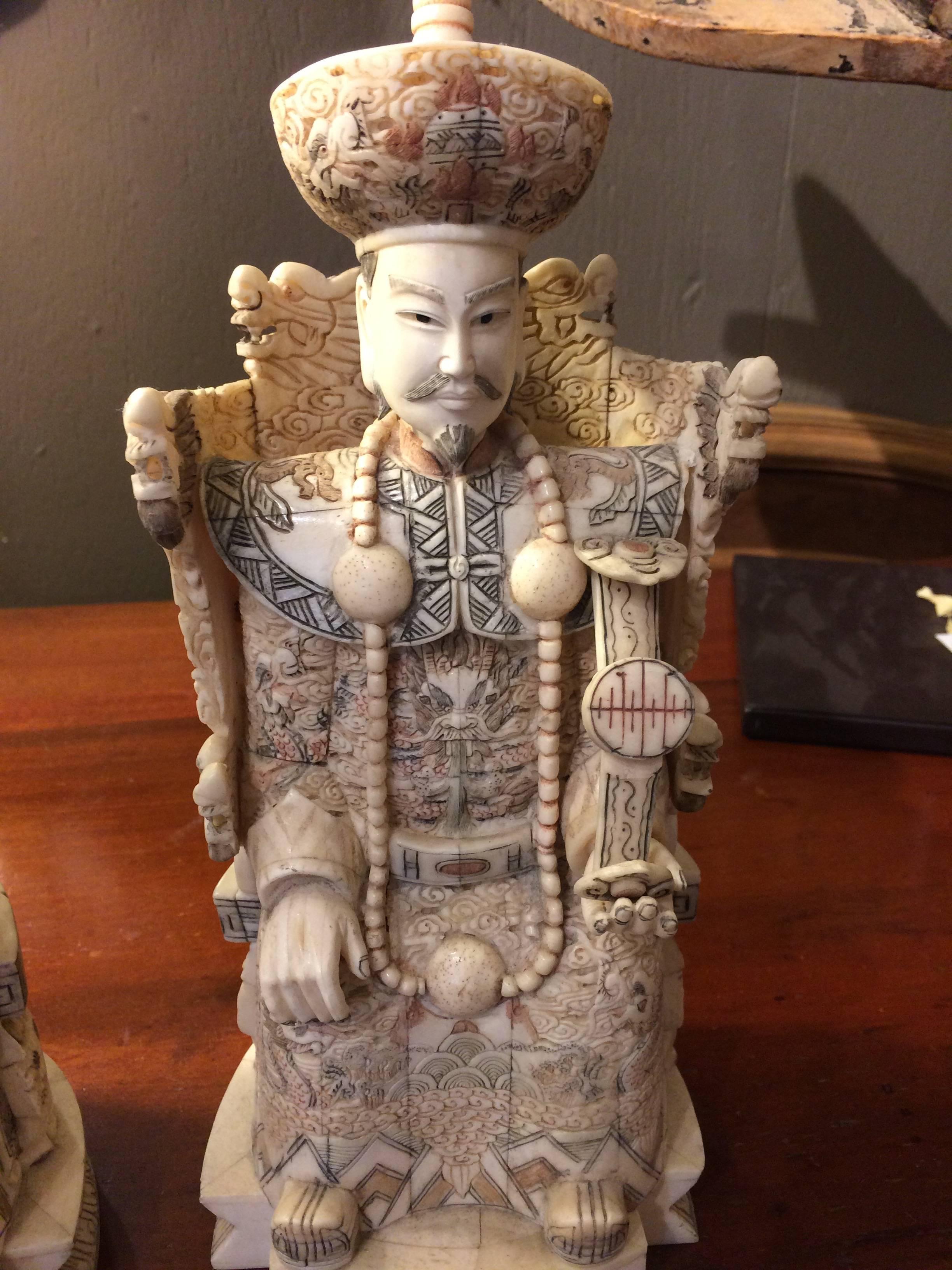 Intricately Carved Bone Pair of Chinese Ancestral Figures 1