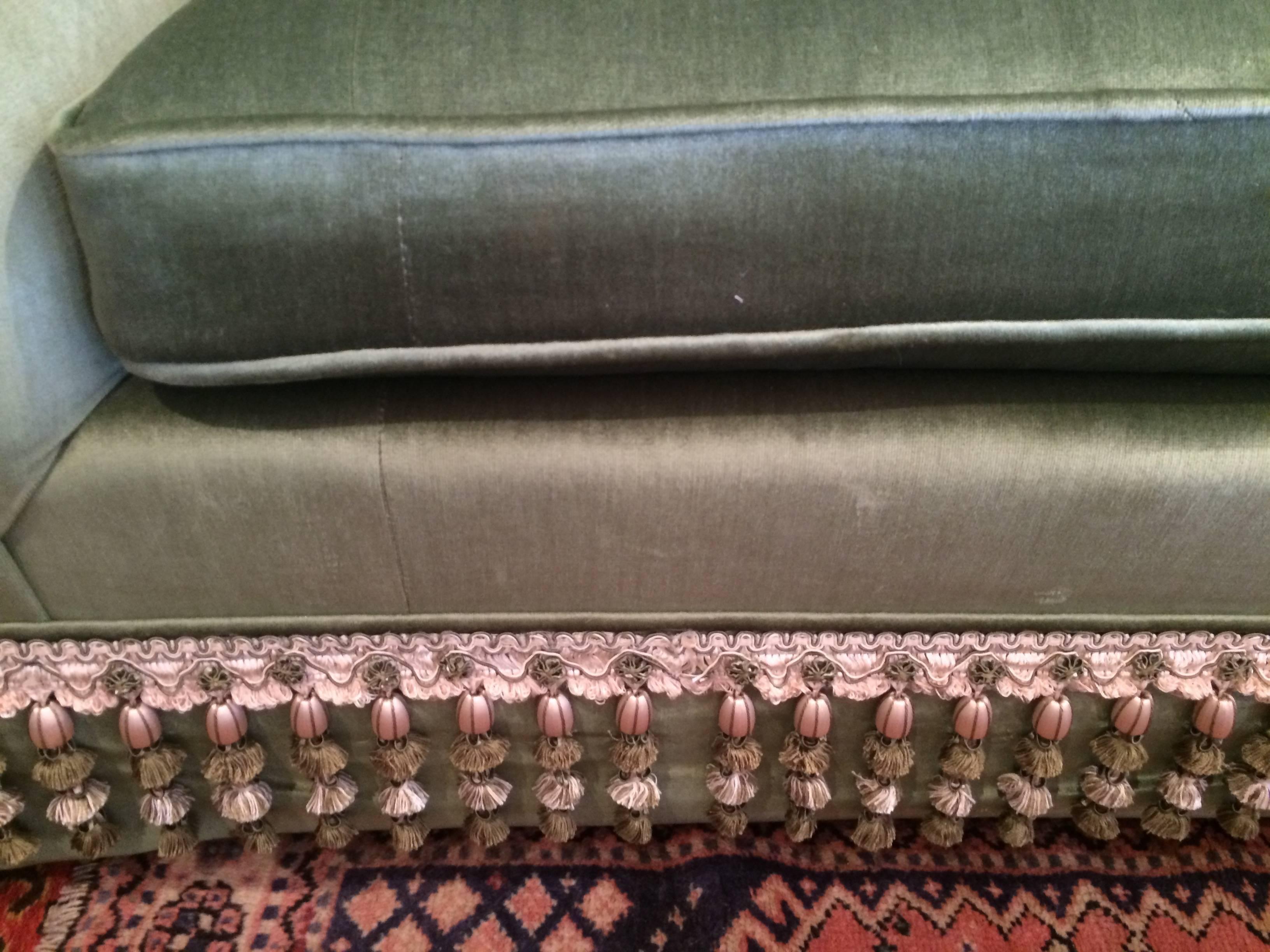 20th Century Elegant Custom Sofa Upholstered in French Sage Green Velvet & Buillon Fringe For Sale