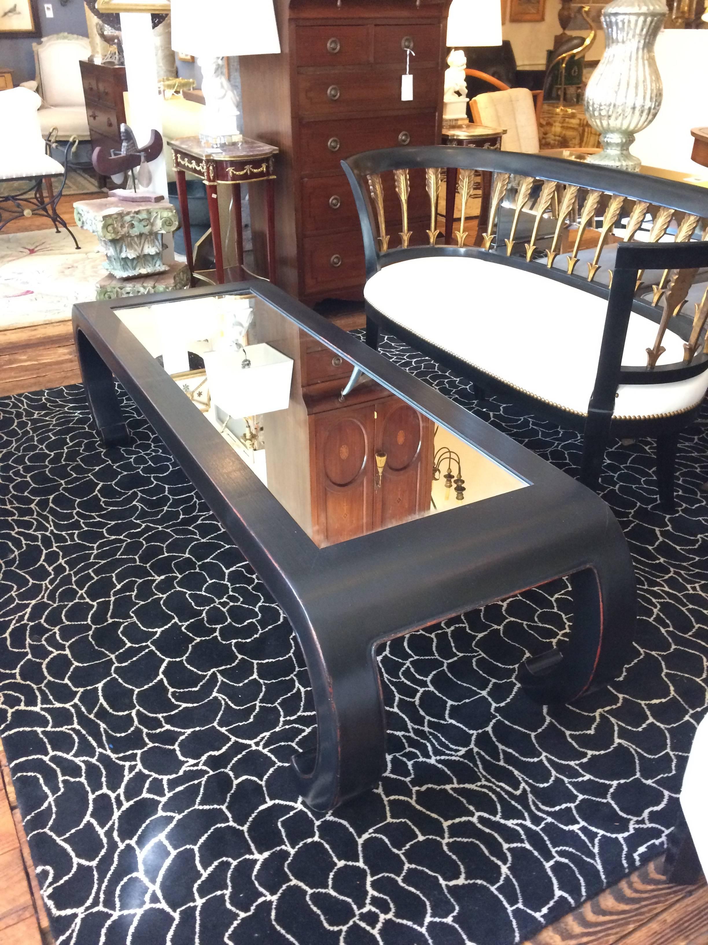 Mid-Century Modern Sleek Ebonized Wood and Mirrored Coffee Table