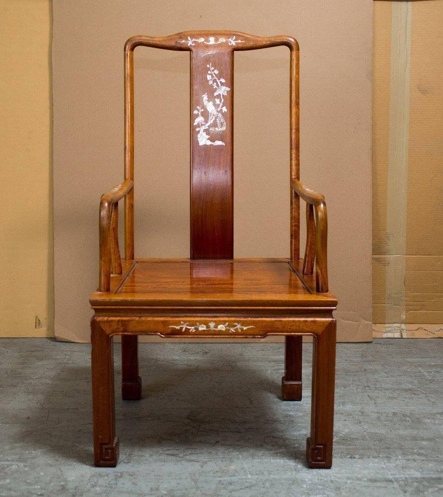 Chinese Pair of Elegant Asian Armchairs with Mother-of-Pearl Inlay