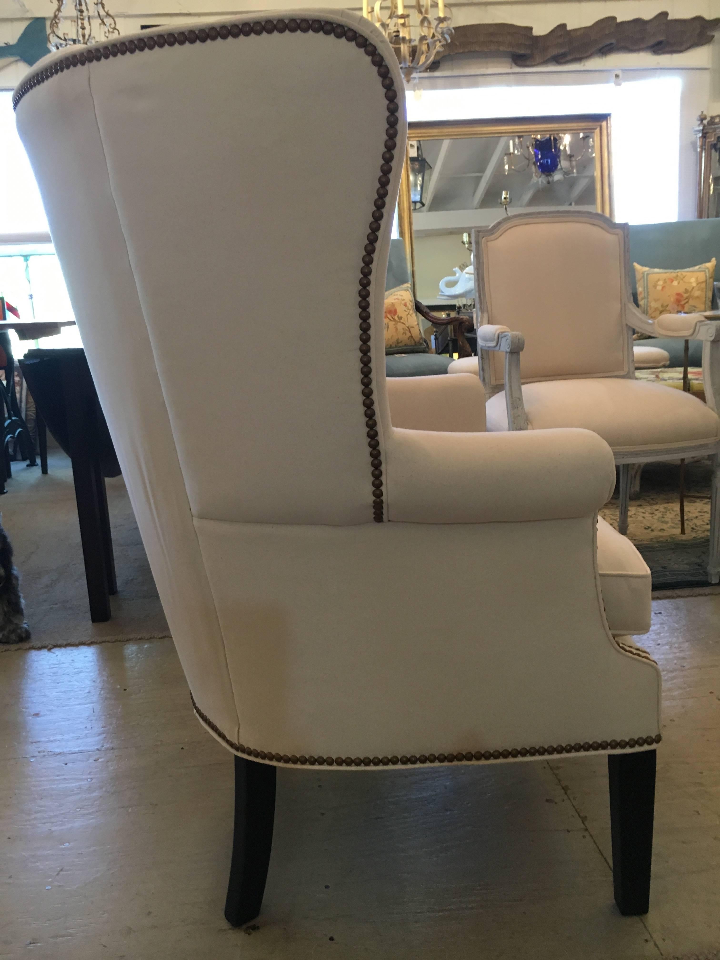 Sophisticated Pair of Cotton Duck Upholstered Wing Chairs In Excellent Condition In Hopewell, NJ
