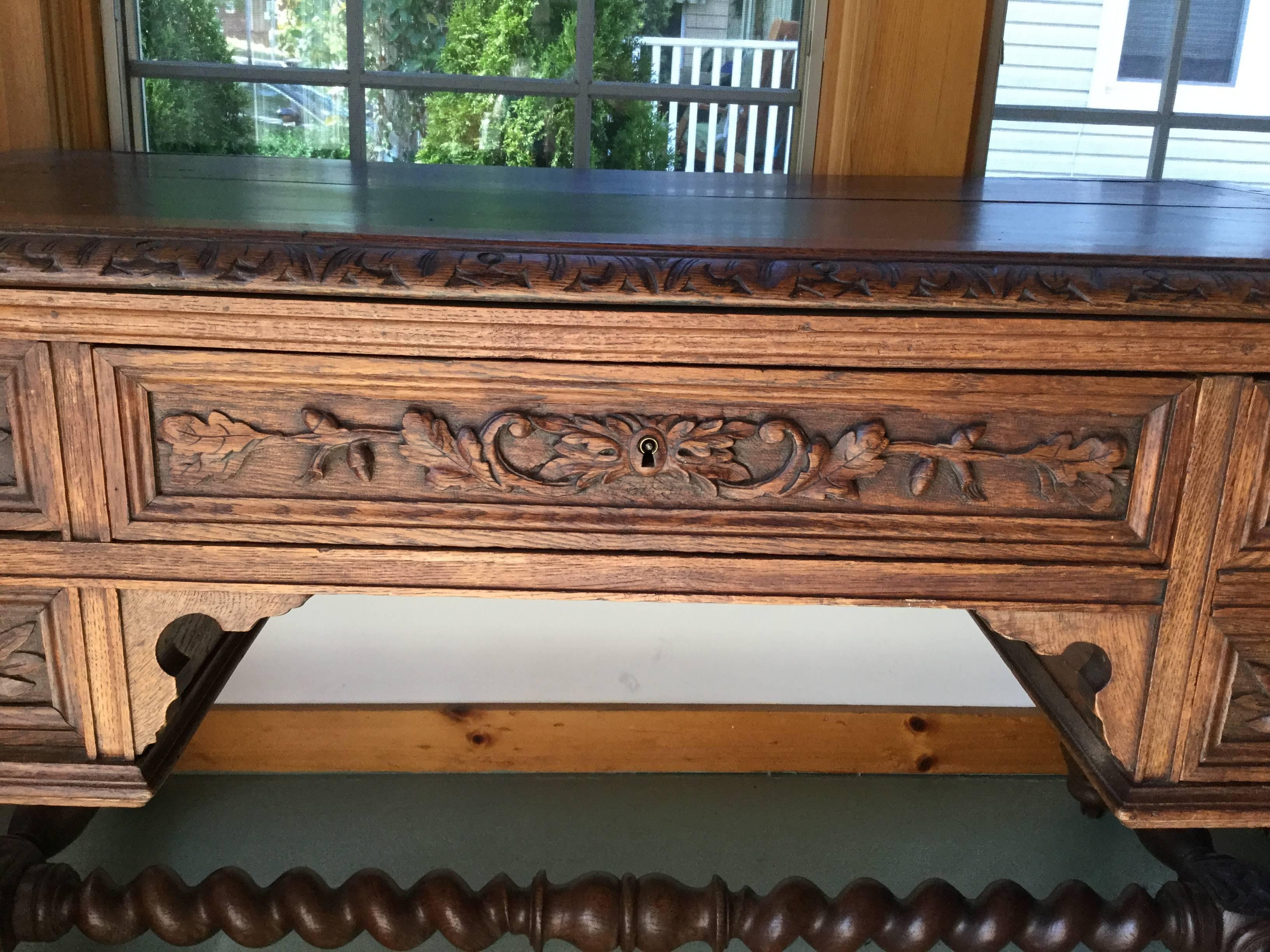 Handsome 19th Century French Carved Walnut and Leather Top Desk 1