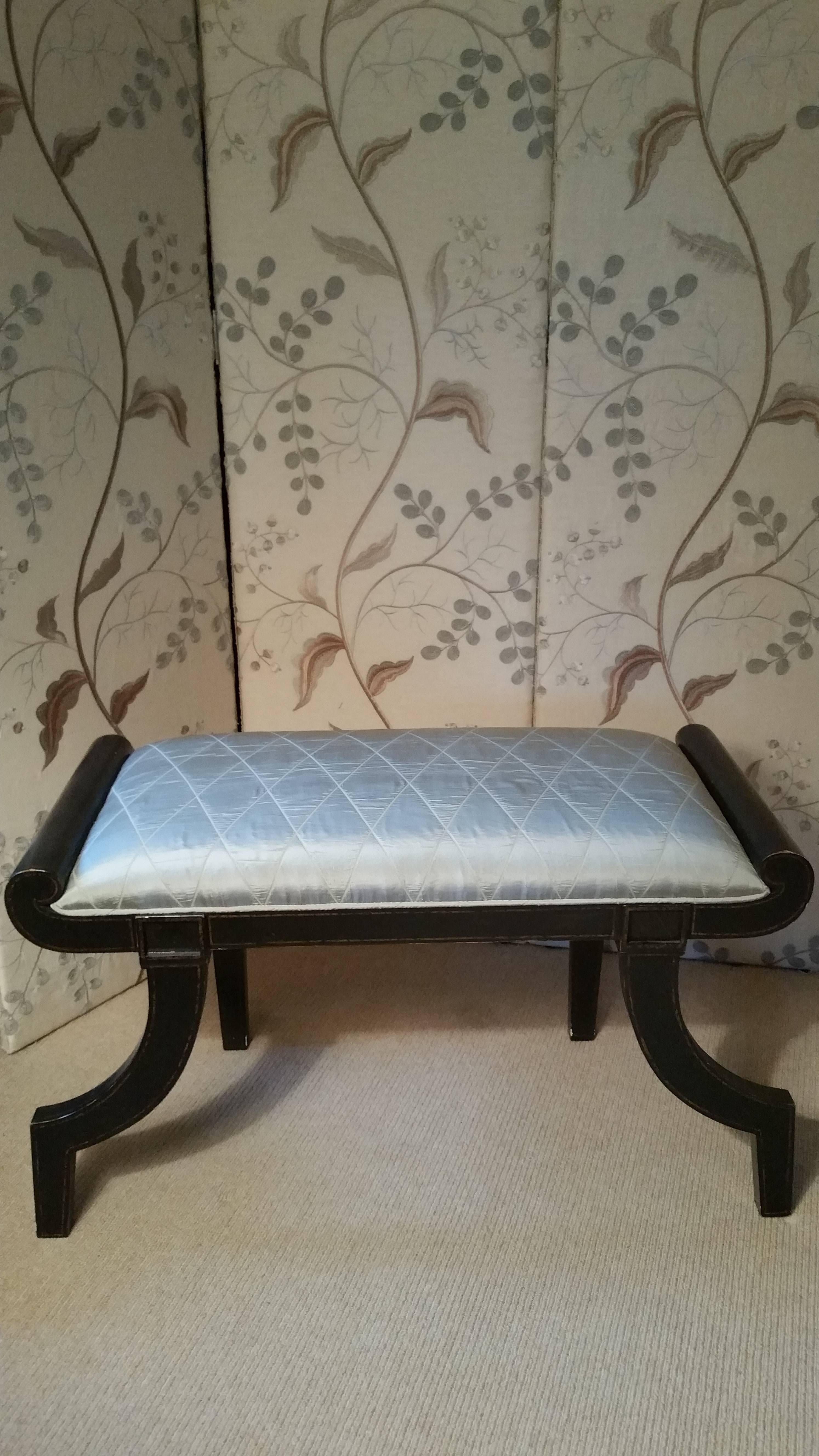 Absolutely elegant Cambon bench in distressed lamp black finish with subtle gilding and a pretty sage silk with a stitched triangle pattern. Small flaw as shown in photo.



