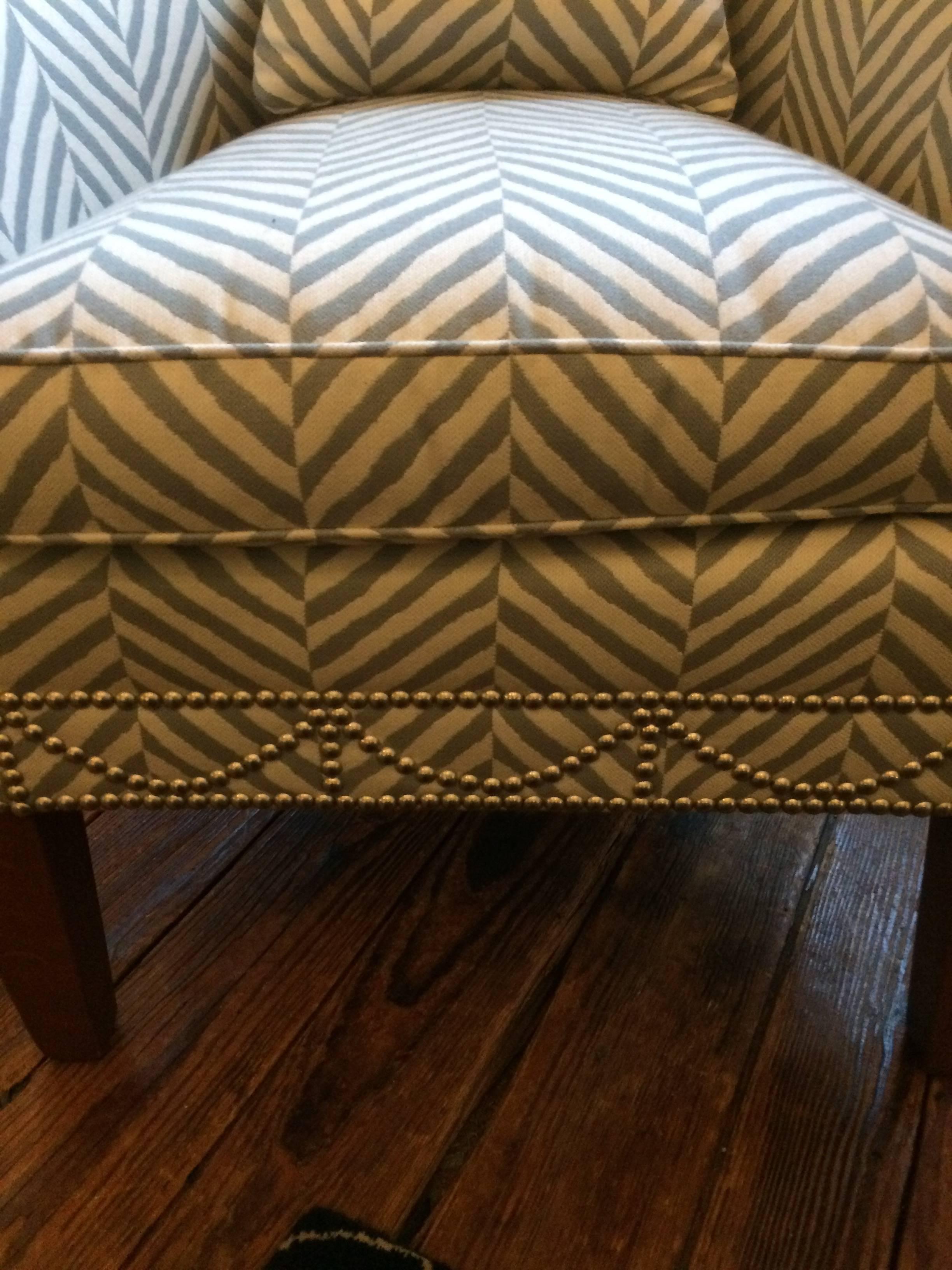Stunning Grey and White Chevron Upholstered Club Chair In Excellent Condition In Hopewell, NJ