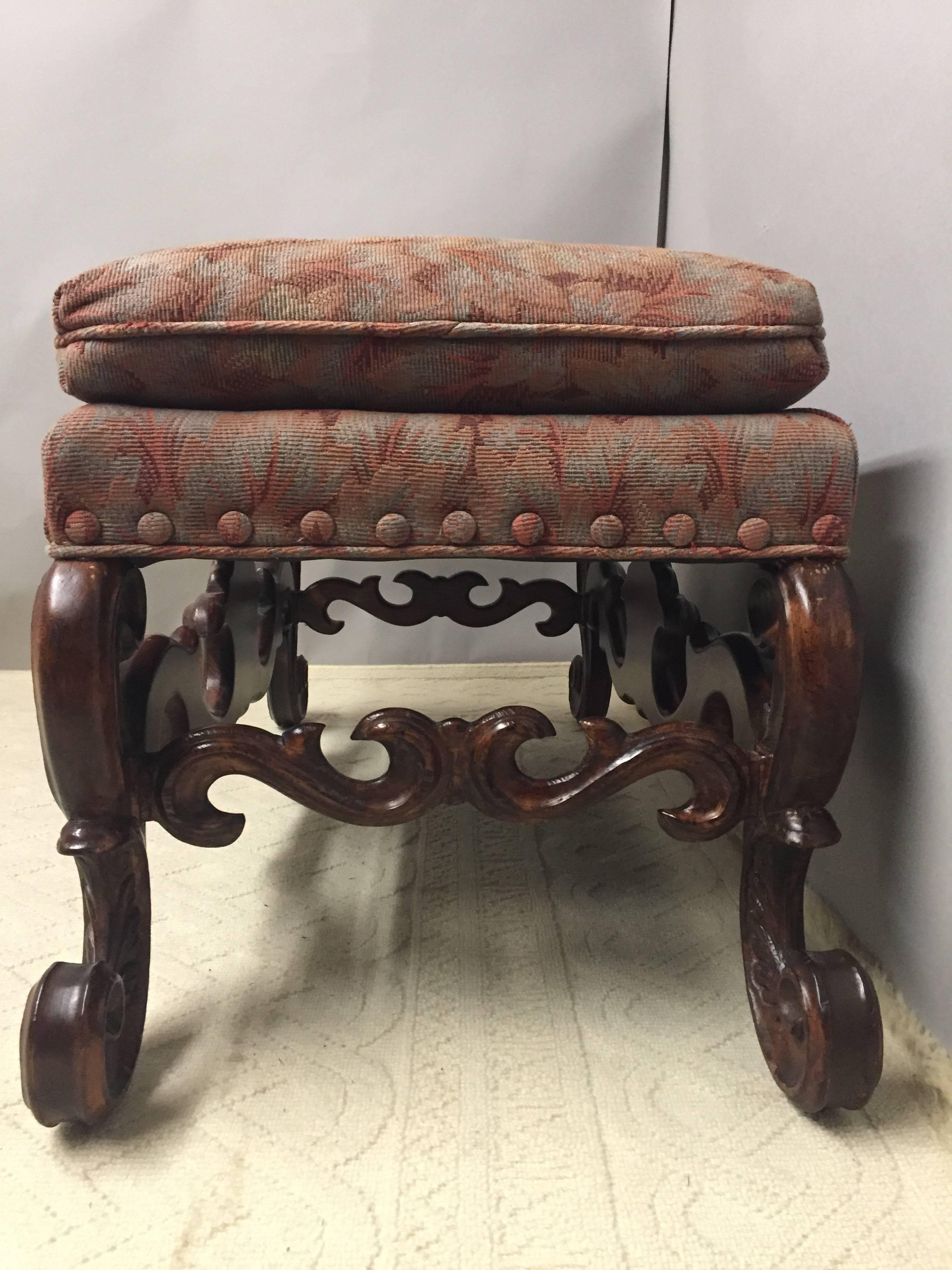 Renaissance Regal Baronial Carved Wood and Upholstered Bench by Baker