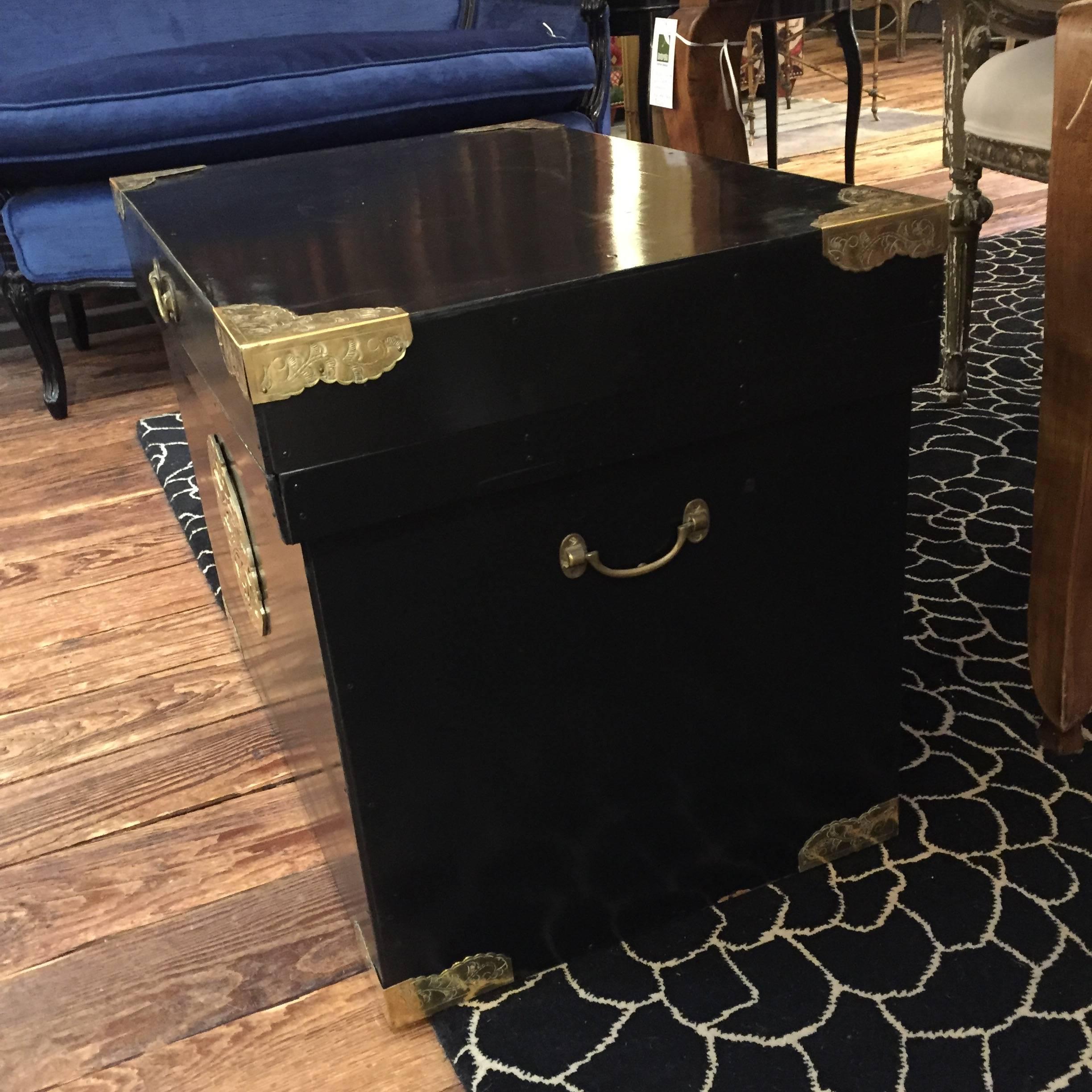 Chinese Handsome Ebonized Asian Trunk End Table with Brass Corners