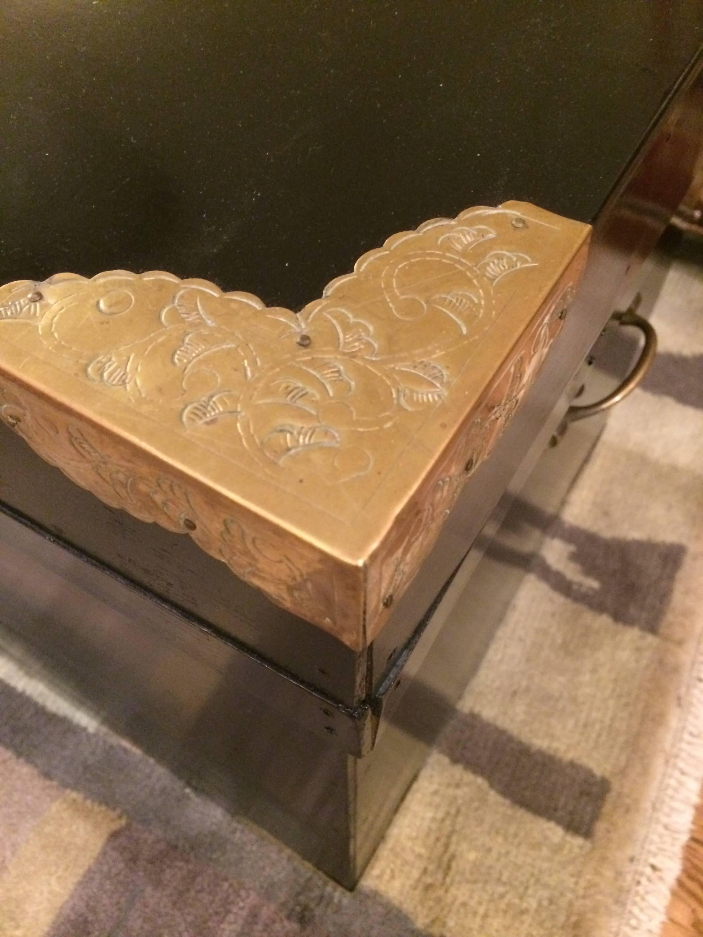 Handsome Ebonized Asian Trunk End Table with Brass Corners 4