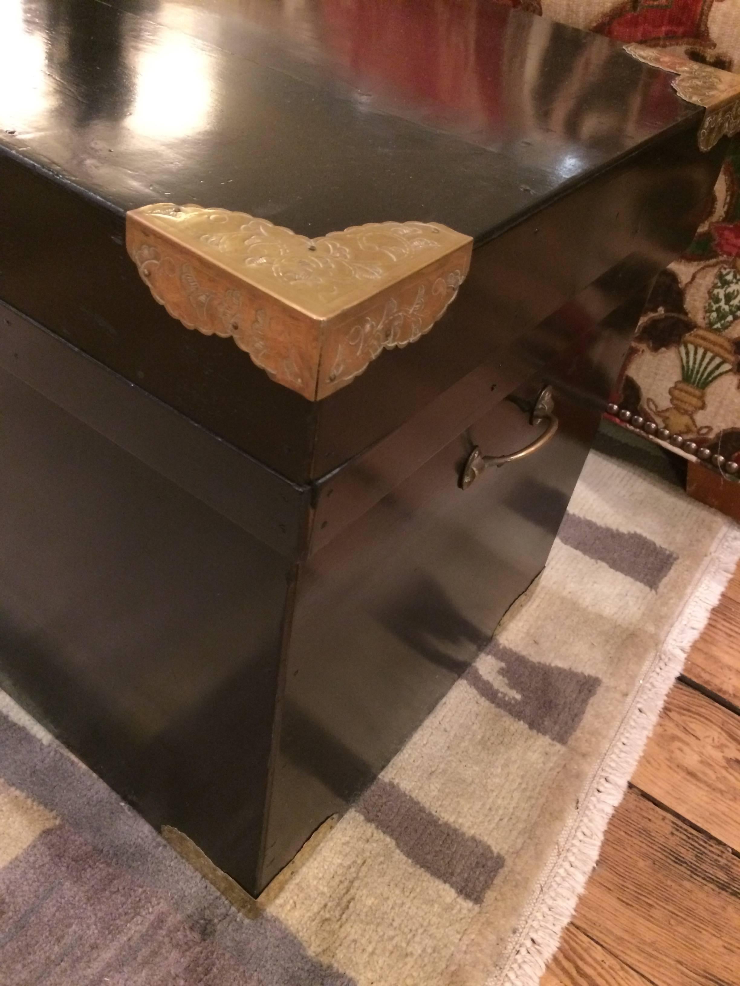 Wood Handsome Ebonized Asian Trunk End Table with Brass Corners