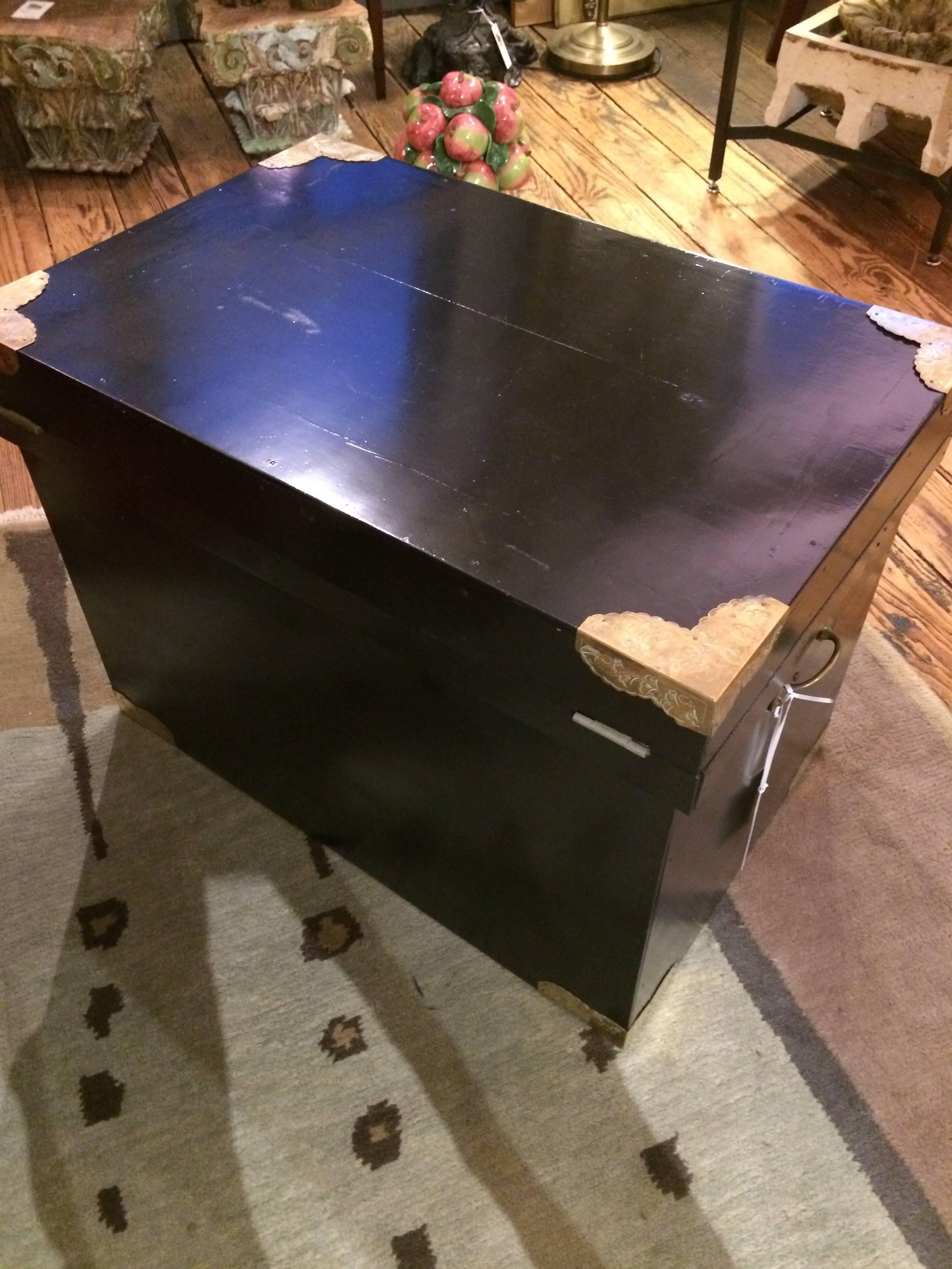 Handsome Ebonized Asian Trunk End Table with Brass Corners 2