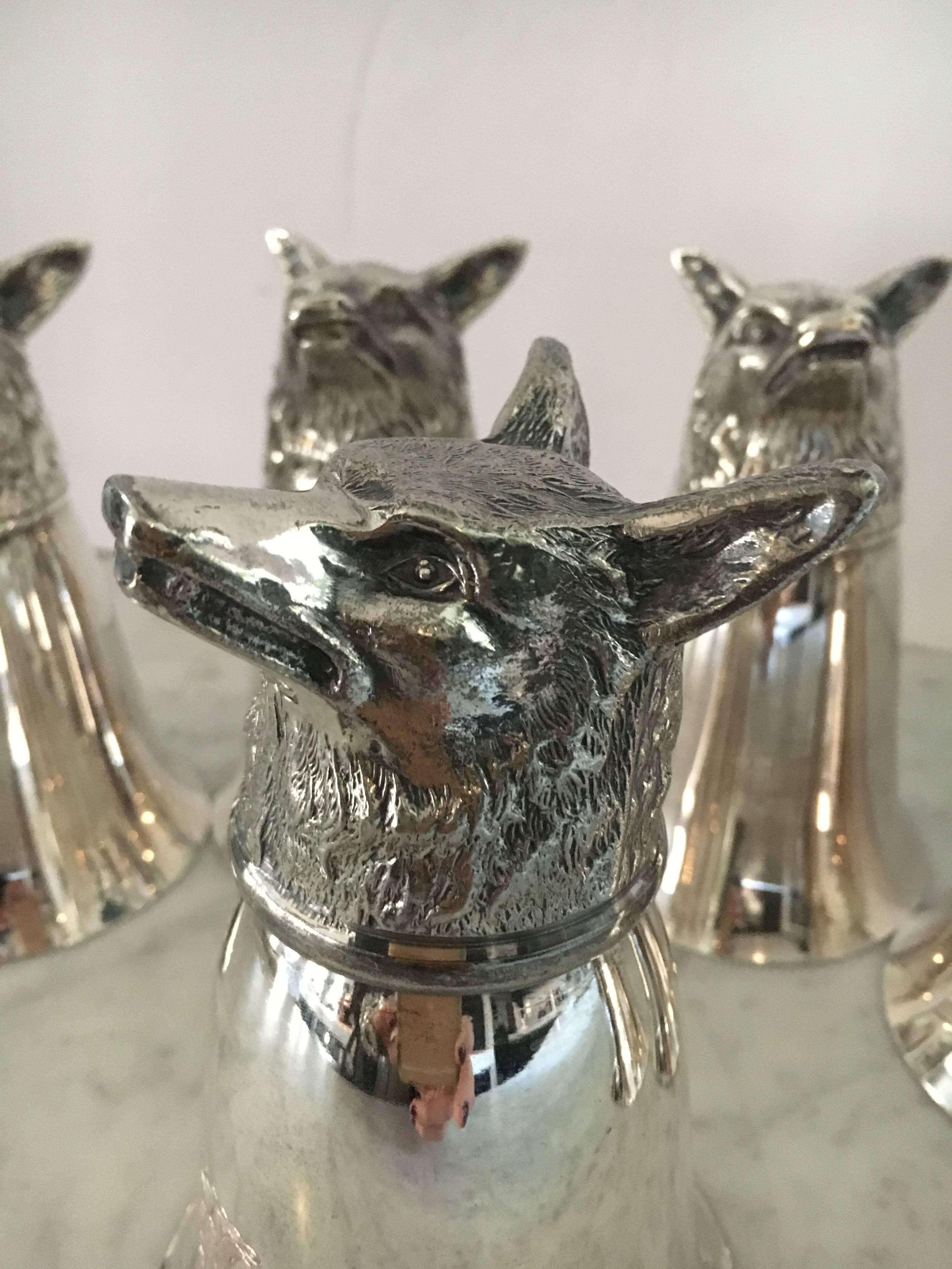 Italian Set of Six Fabulous Silver Plate Gucci Style Fox Stirrup Cups