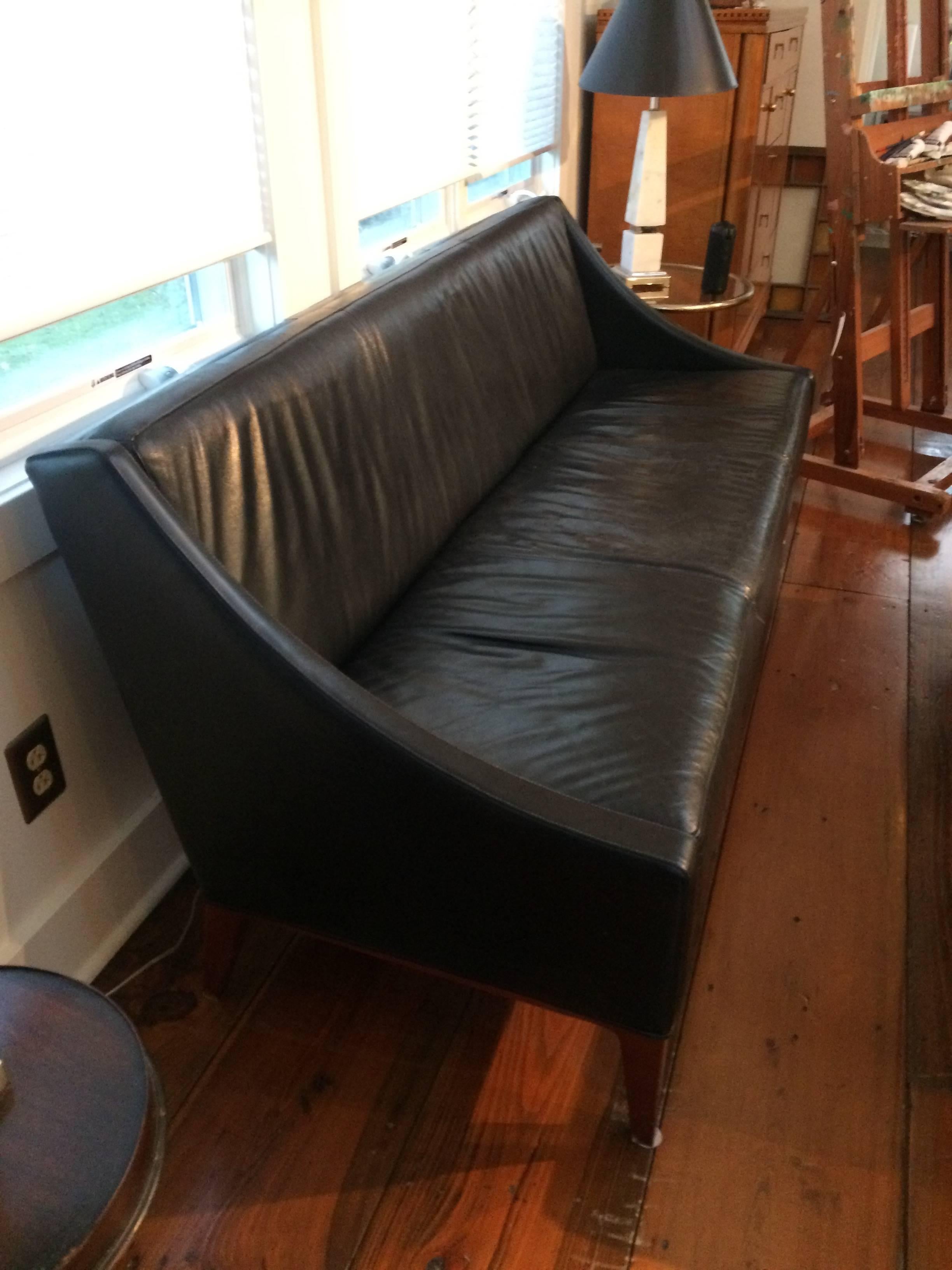 American Sophisticated Men's Club Mid-Century Modern Black Leather Couch