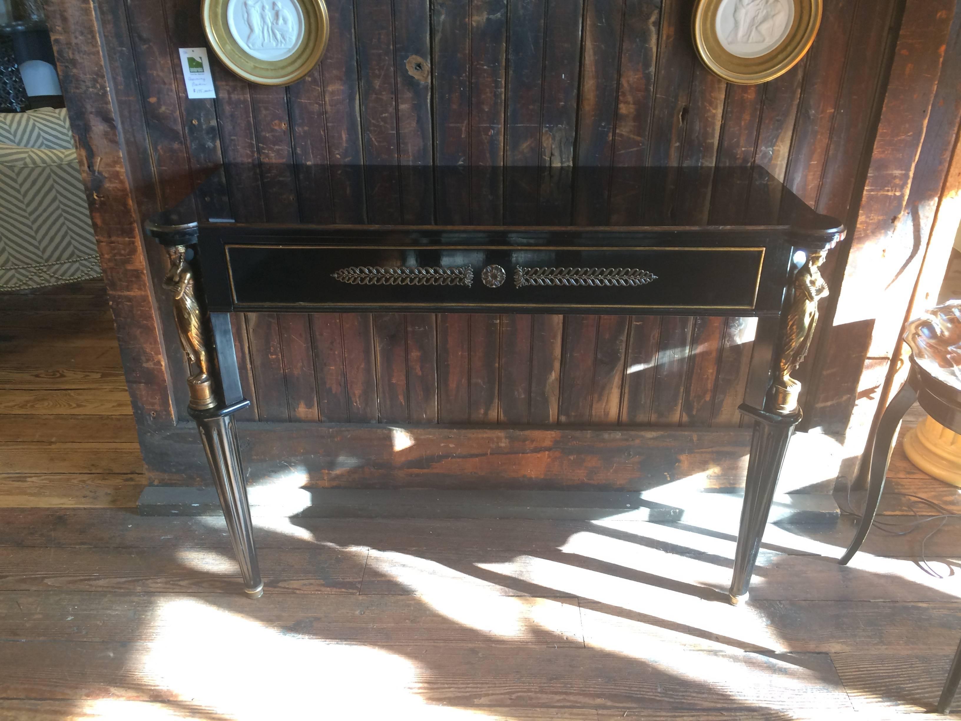 Wood Glamorous Hollywood Regency Neoclassical Black and Gold Console Table