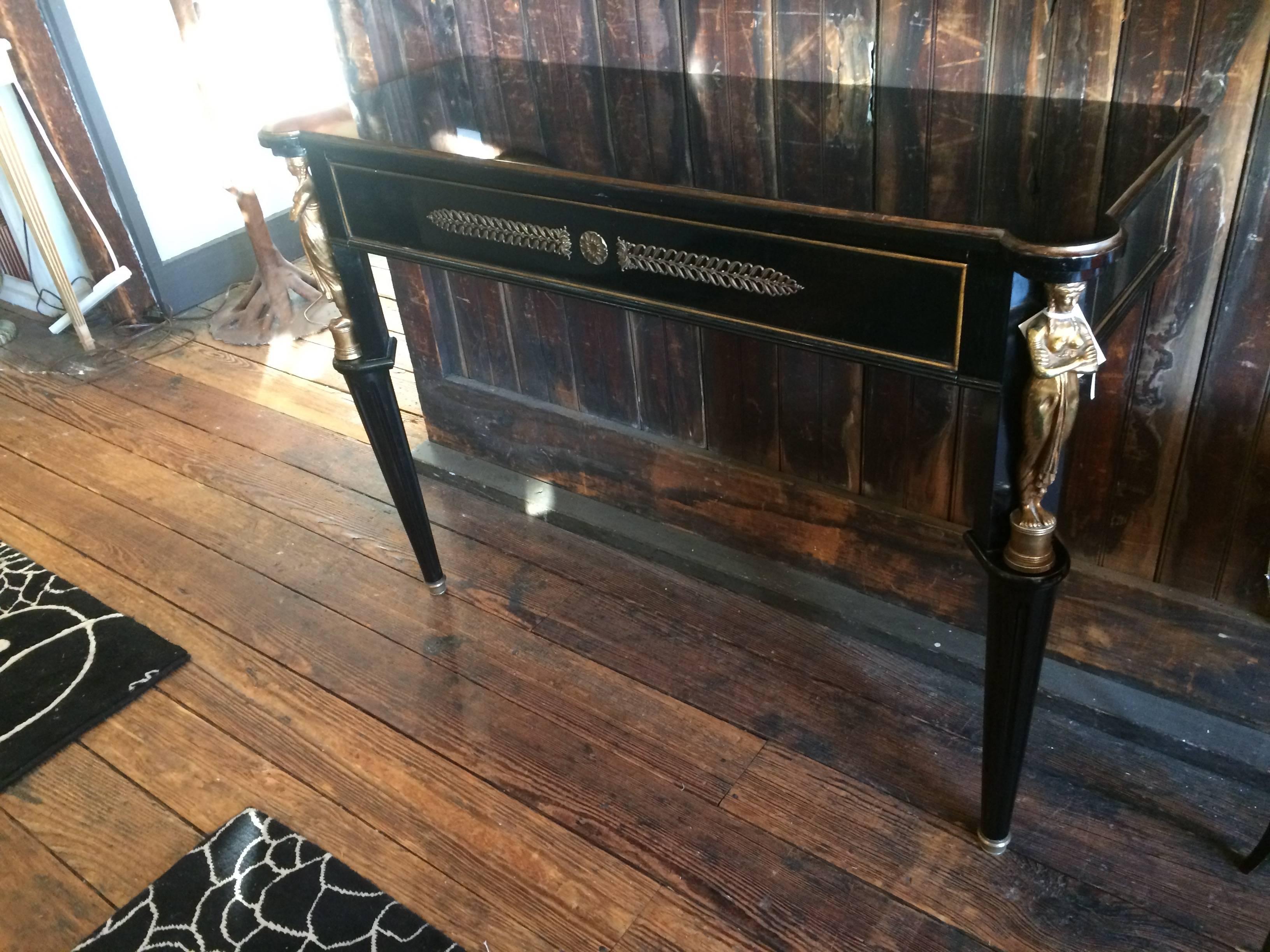 Glamorous Hollywood Regency Neoclassical Black and Gold Console Table 1