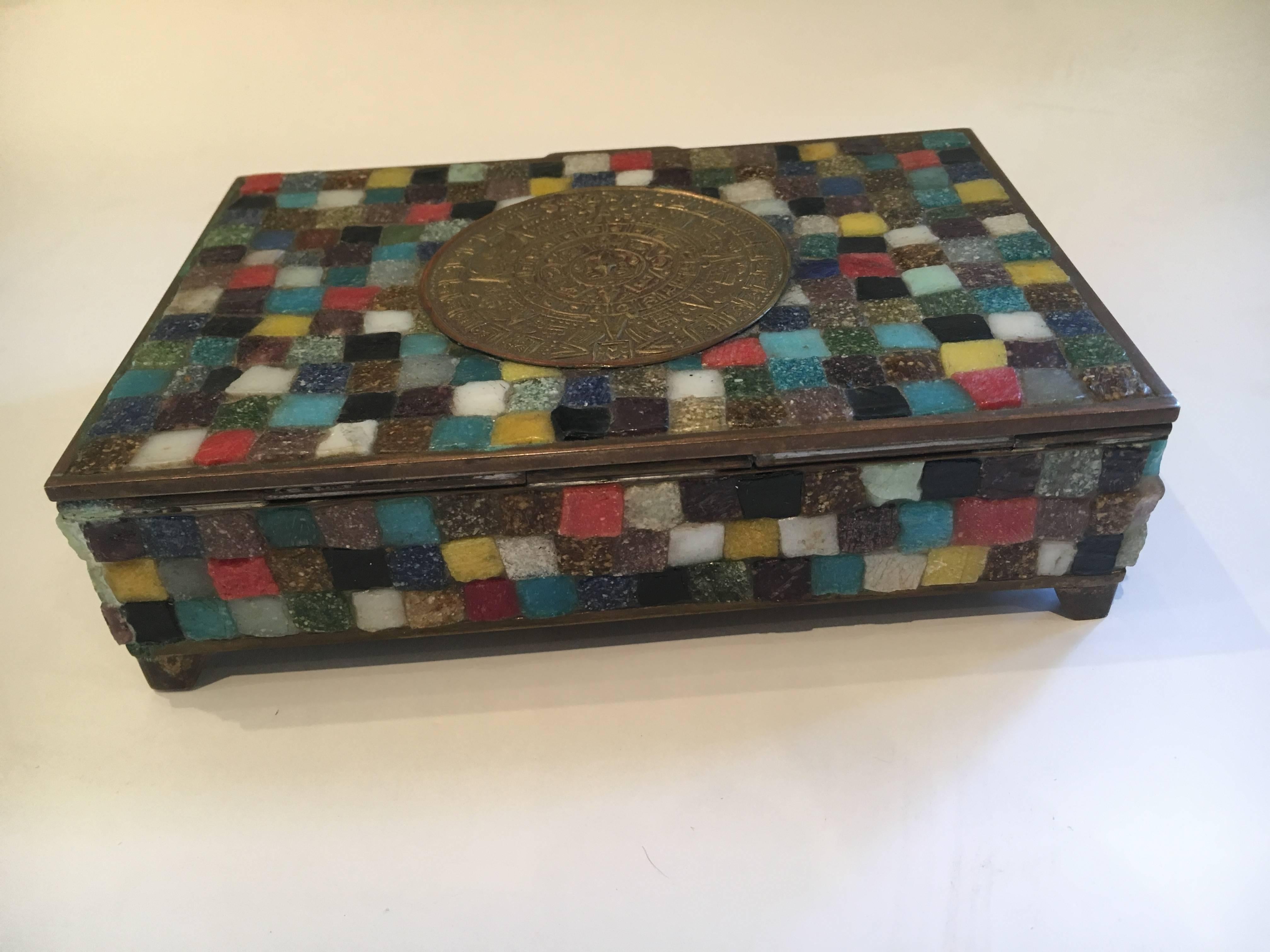 Two beautiful brass and glass mosaic boxes by renowned artist Salvador Teran (Mexico 1920-1974). Teran was a designer/innovator in making jewelry and mosaics and was a founding member of Los Castillos, the legendary Taxco artisans. The multi-colored